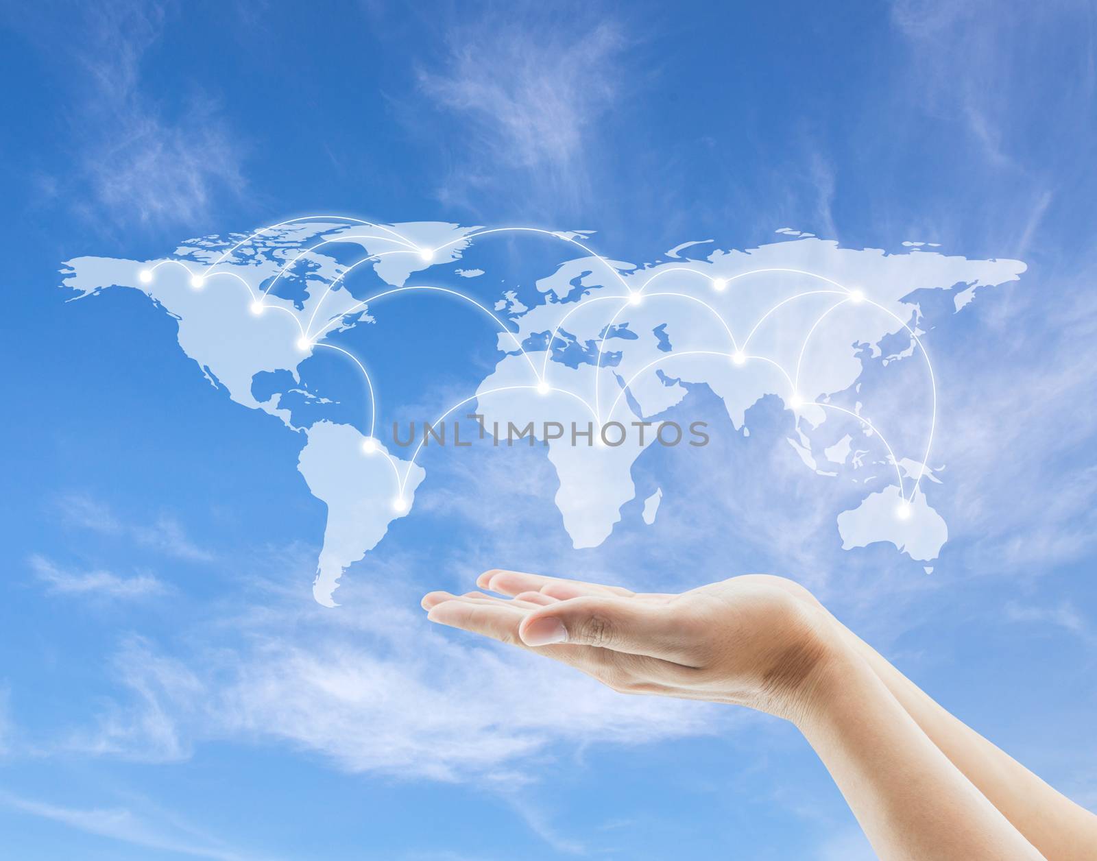 World map and network sketch with hold hand to sky background, E by nnudoo