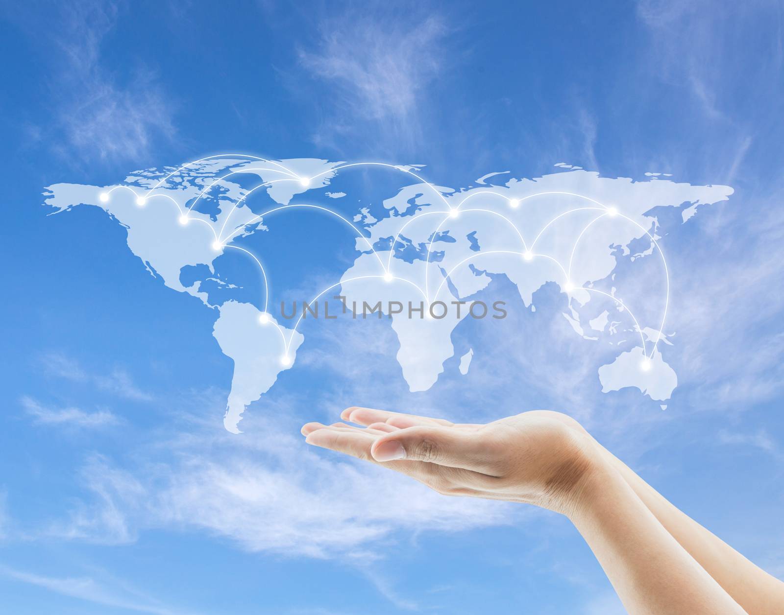 World map and network sketch with hold hand to sky background, Elements of this image furnished by NASA