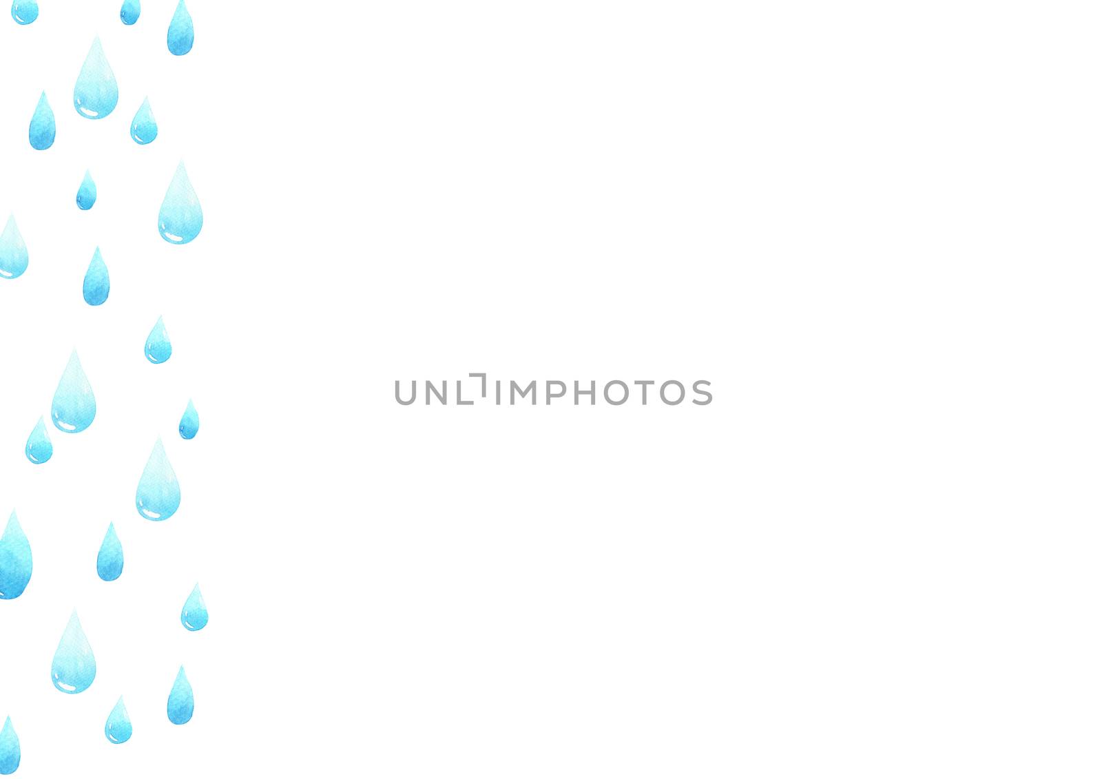 Water drops frame with empty space for your text. Frame made of raindrops, tears. Watercolor hand painting. Shades of blue abstract background. by Ungamrung