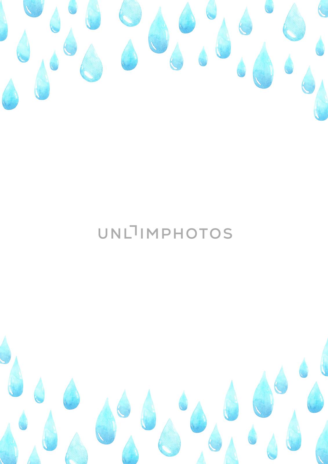 Water drops frame with empty space for your text. Frame made of raindrops, tears. Watercolor hand painting. Shades of blue abstract background. by Ungamrung