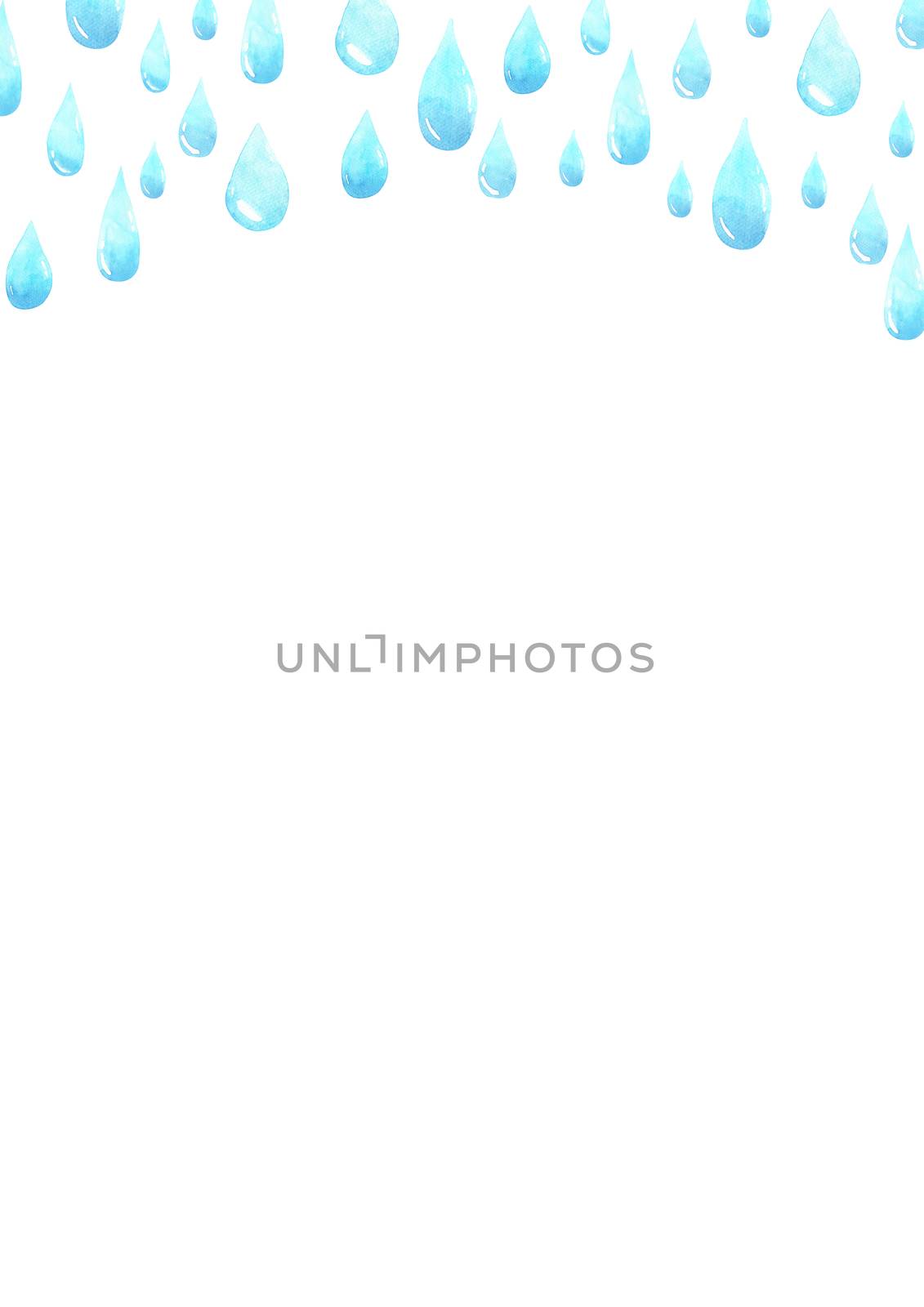 Water drops frame with empty space for your text. Frame made of raindrops, tears. Watercolor hand painting. Shades of blue abstract background. by Ungamrung