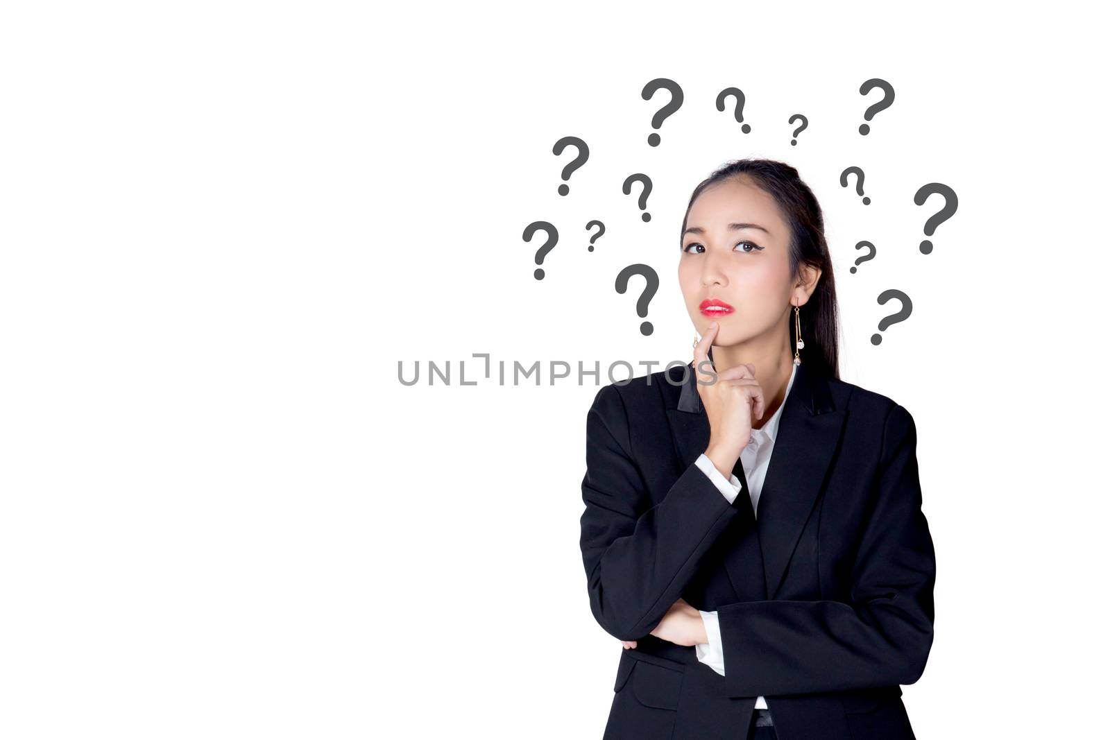 woman is standing with question marks isolated on white background