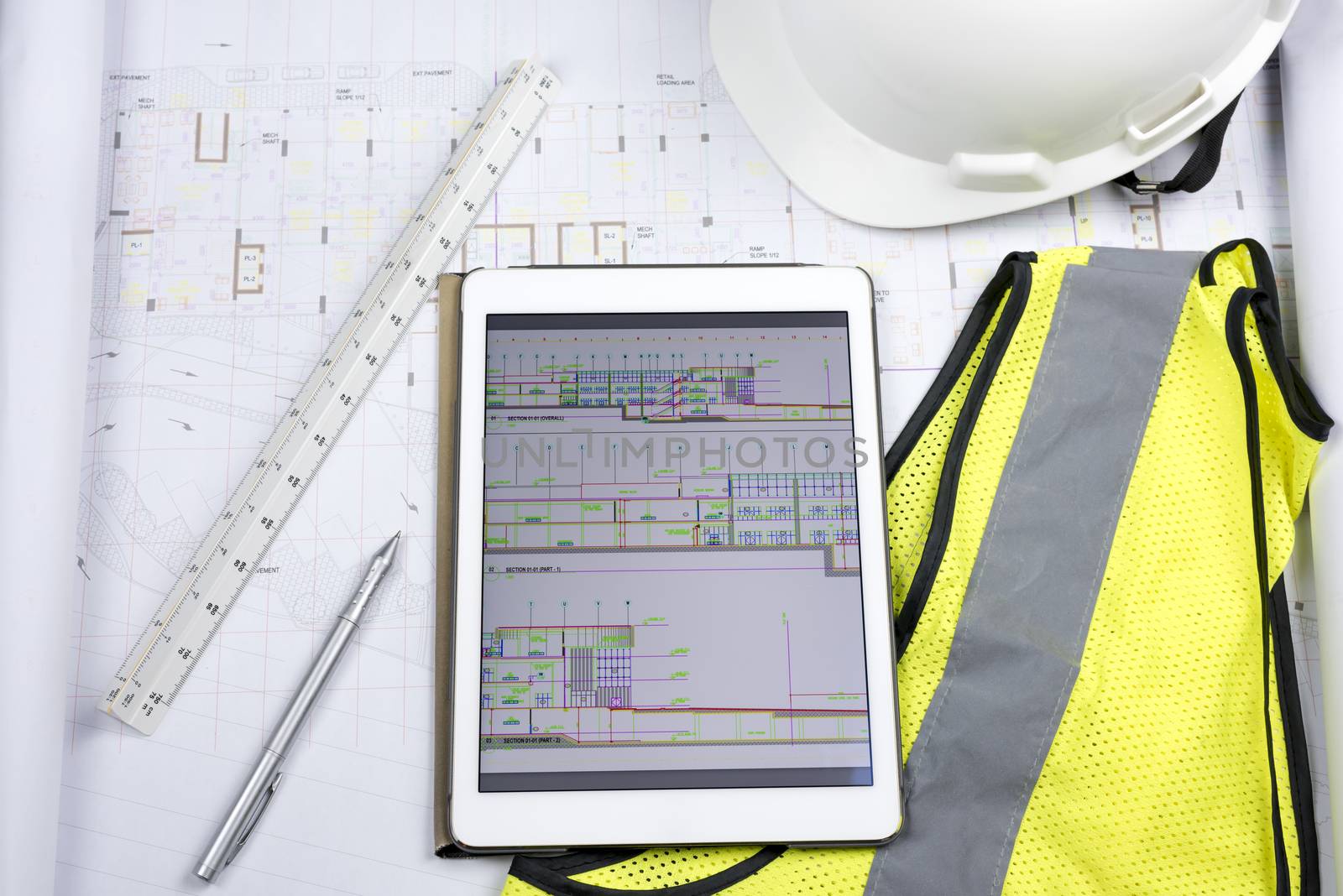 Digital tablet with construction drawing and work Personal Prote by GABIS