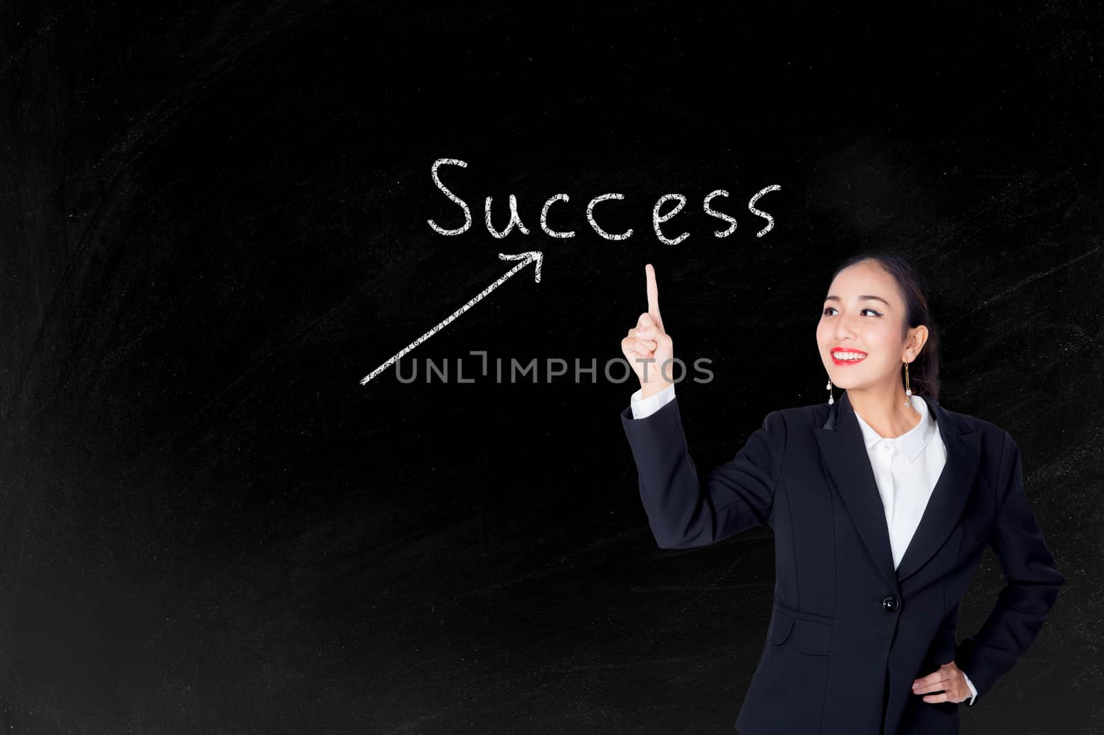 Happy young business woman pointing to success text with blackbo by nnudoo