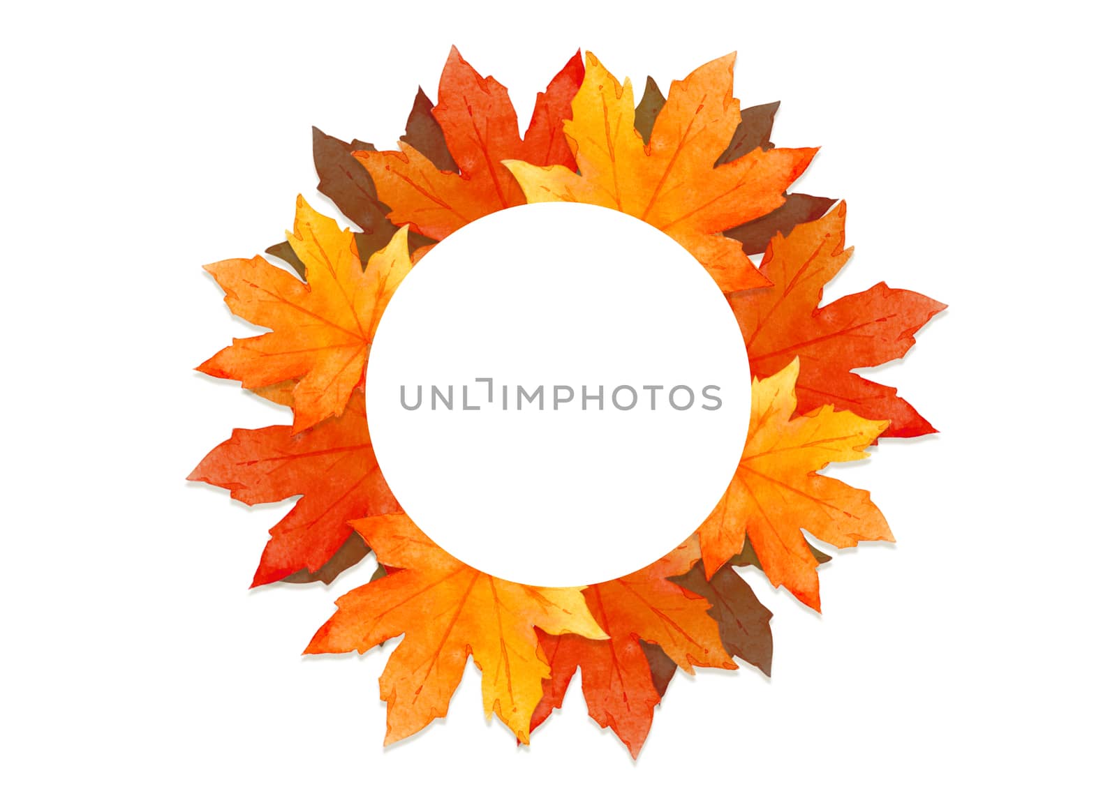 Circle frame of red leaves in autumn forest concept isolated on white background. Flat lay, top view, copy space. by Ungamrung