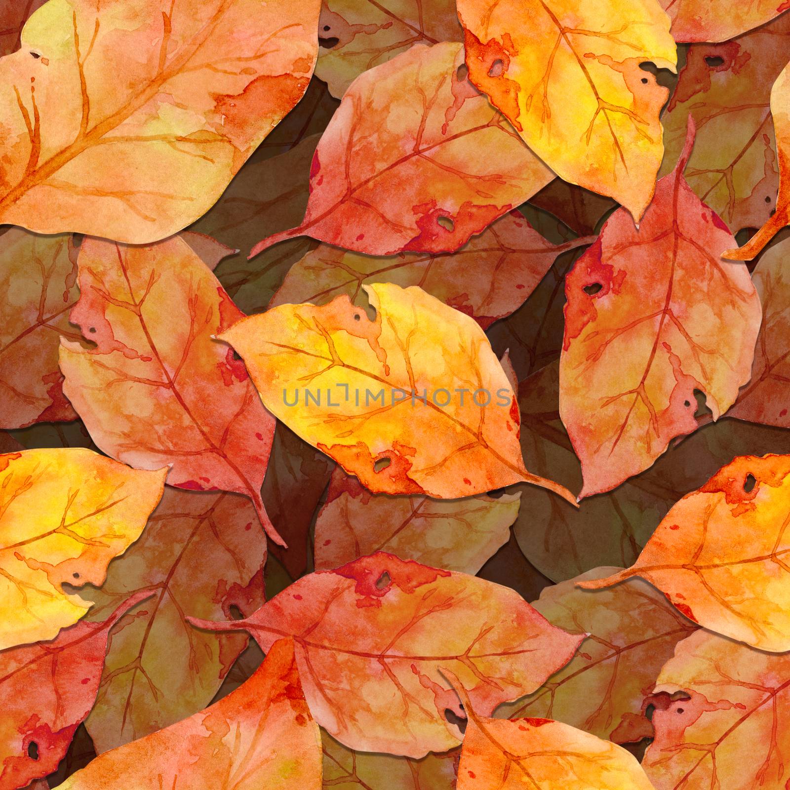 Golden fall leaves seamless pattern in watercolor style. Autumn background. Flat lay, top view. by Ungamrung