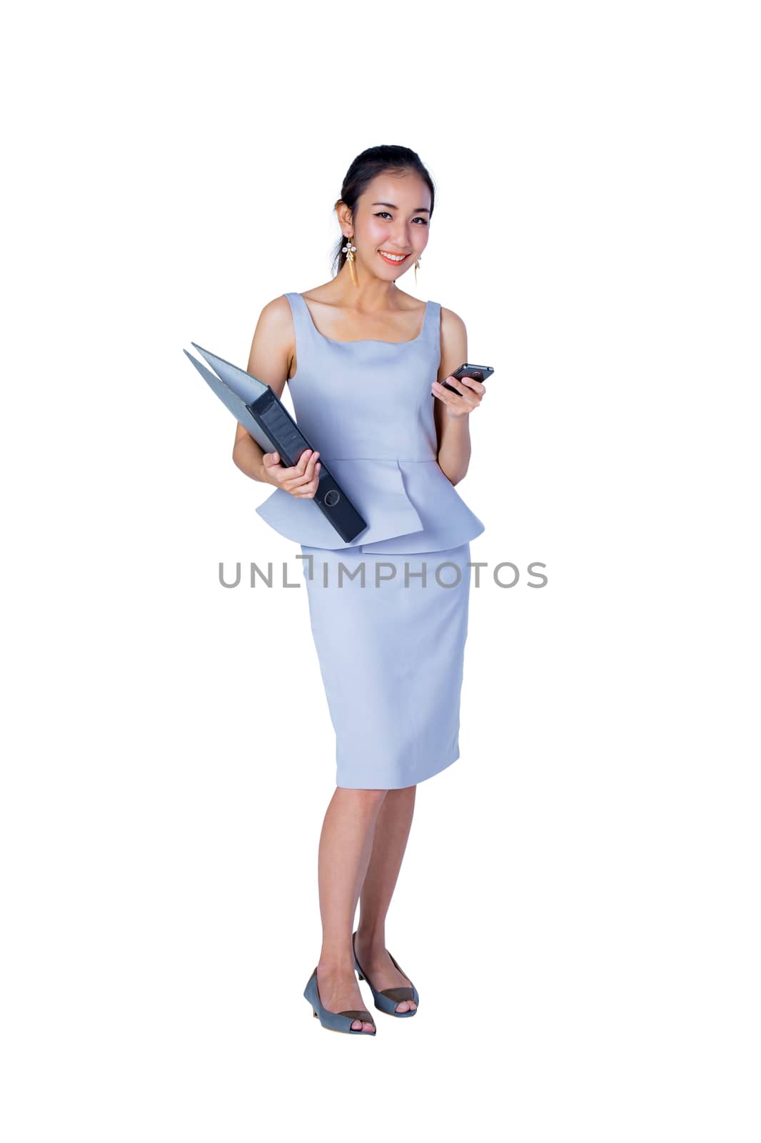 Beautiful young asian business woman hold smart phone and file