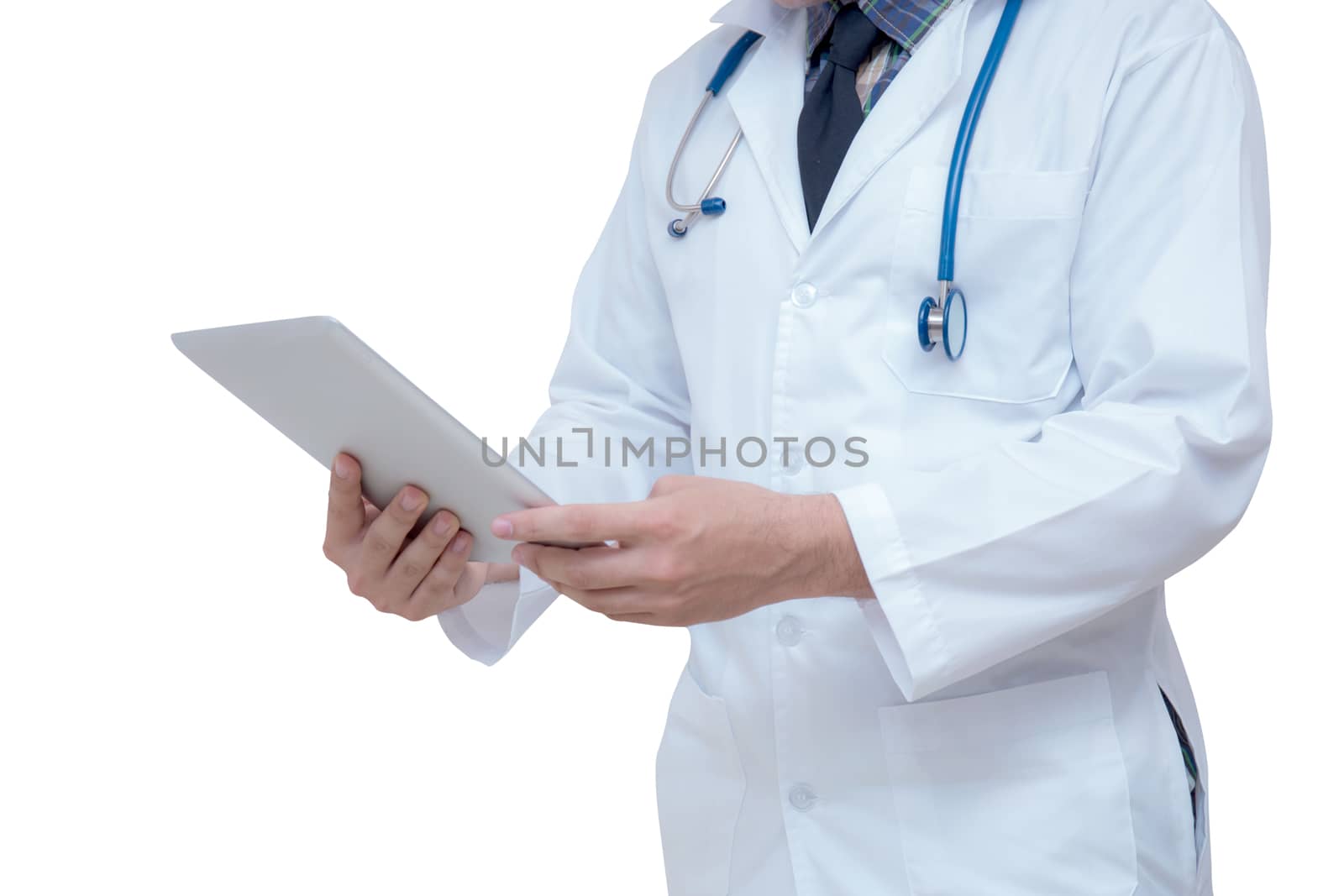 Doctor holding a tablet computer while using it isolated on white background