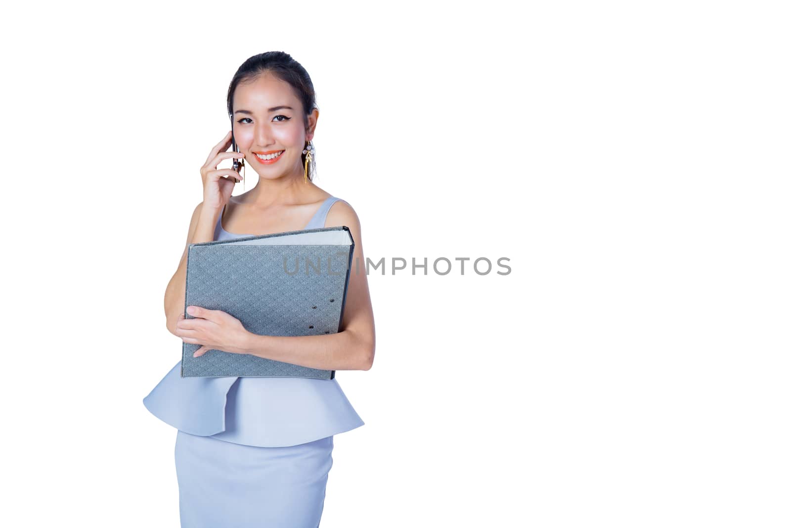 Beautiful young asian business woman hold smart phone and file by nnudoo