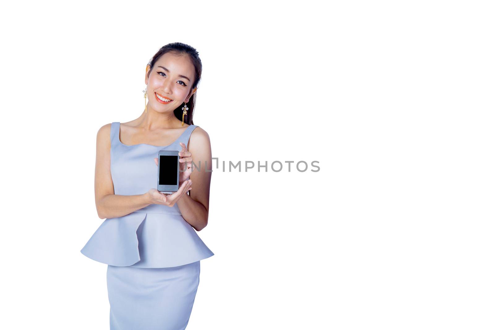 Young Business woman smile show mobile isolated on white backgro by nnudoo