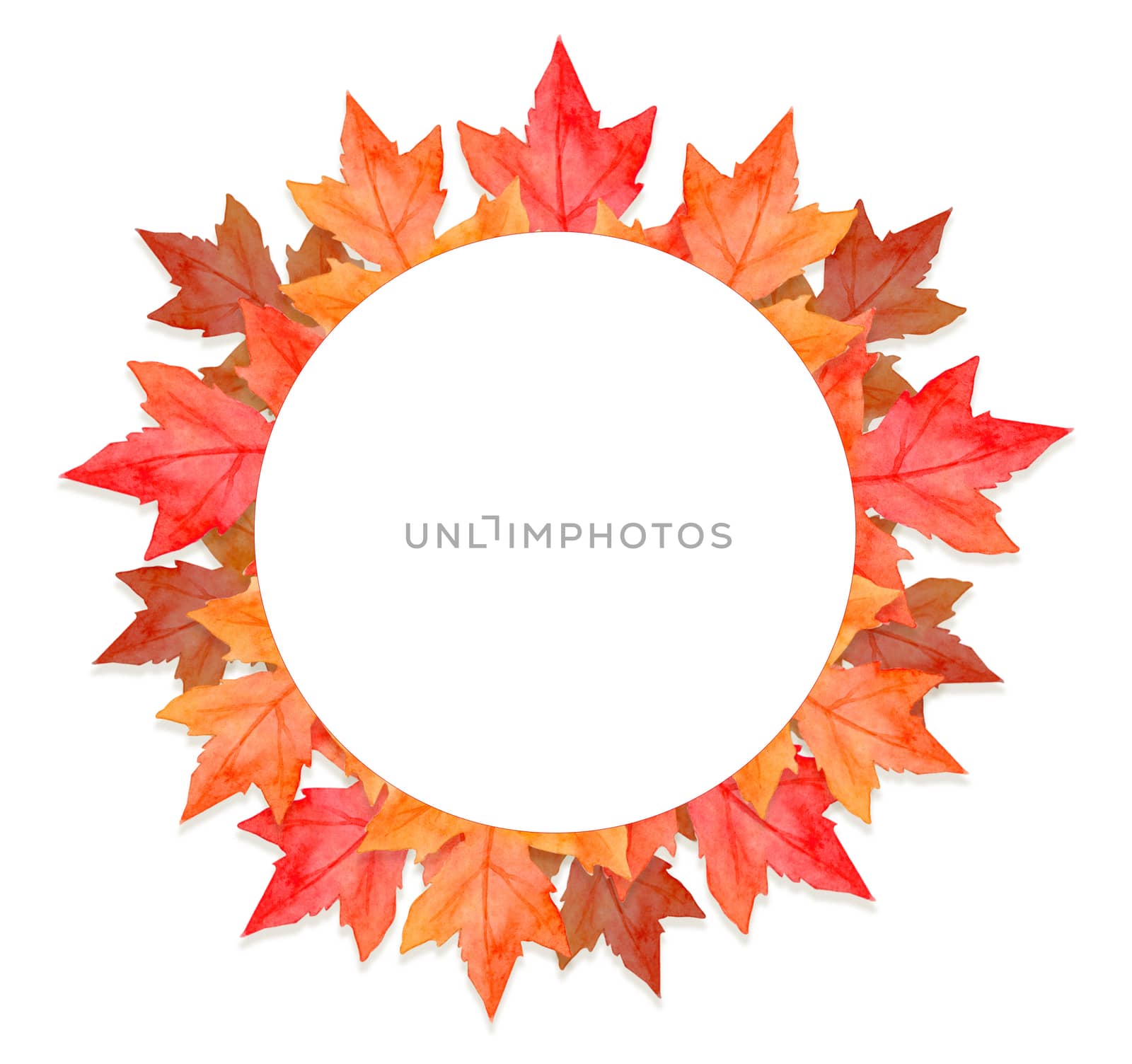 Circle frame of red leaves in autumn concept isolated on white background. Flat lay, top view, copy space. by Ungamrung