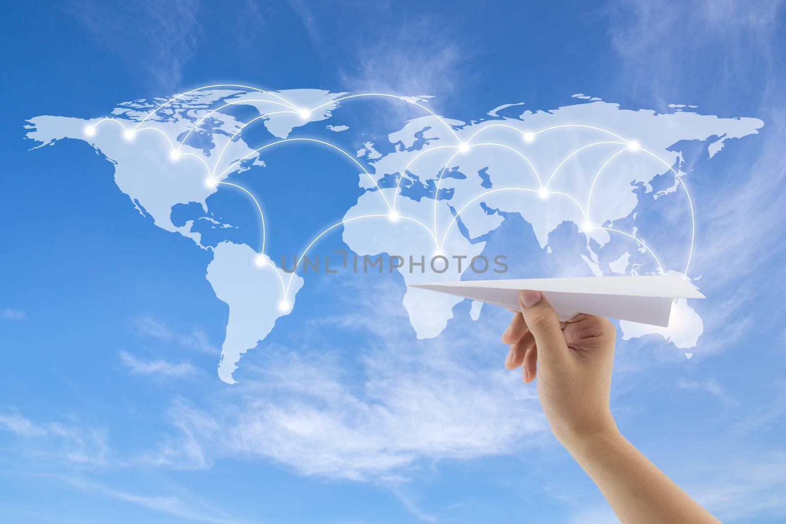 plane in hand with world map on background, Map of flight routes airplanes network use for global travel, import,export,logistics network concept, Elements of this image furnished by NASA