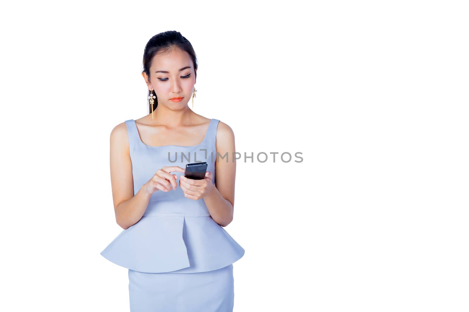 Happy businesswoman talking on the phone. Isolated on white background