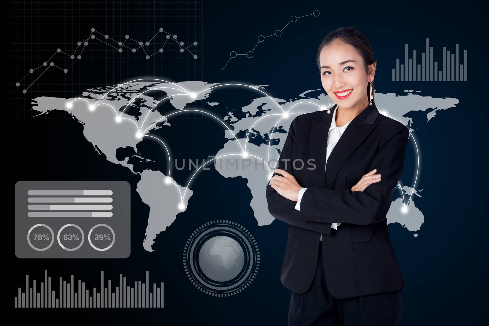Businesswoman with world map and graph on background business co by nnudoo