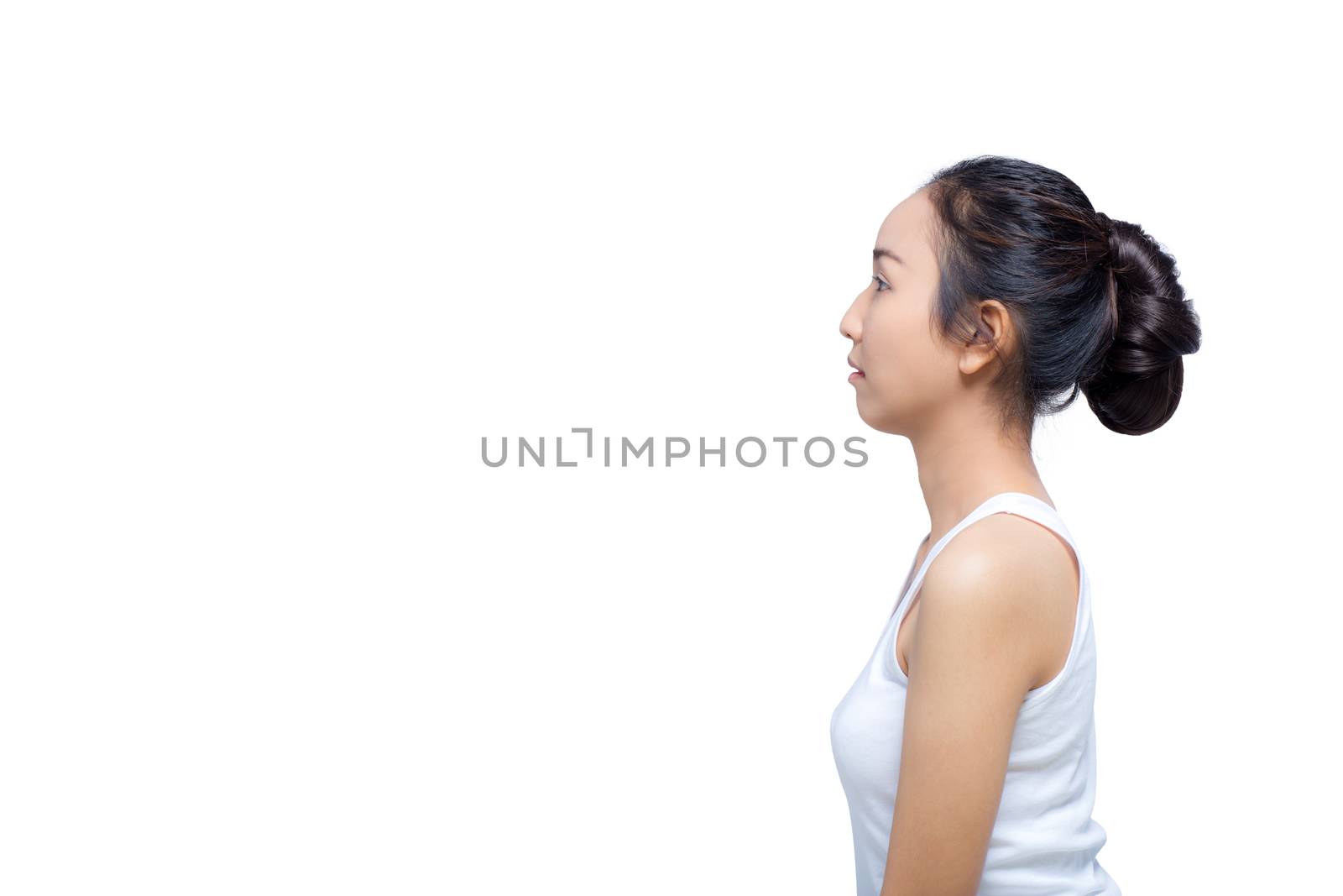 side view of beautiful woman with perfect skin isolated on white by nnudoo