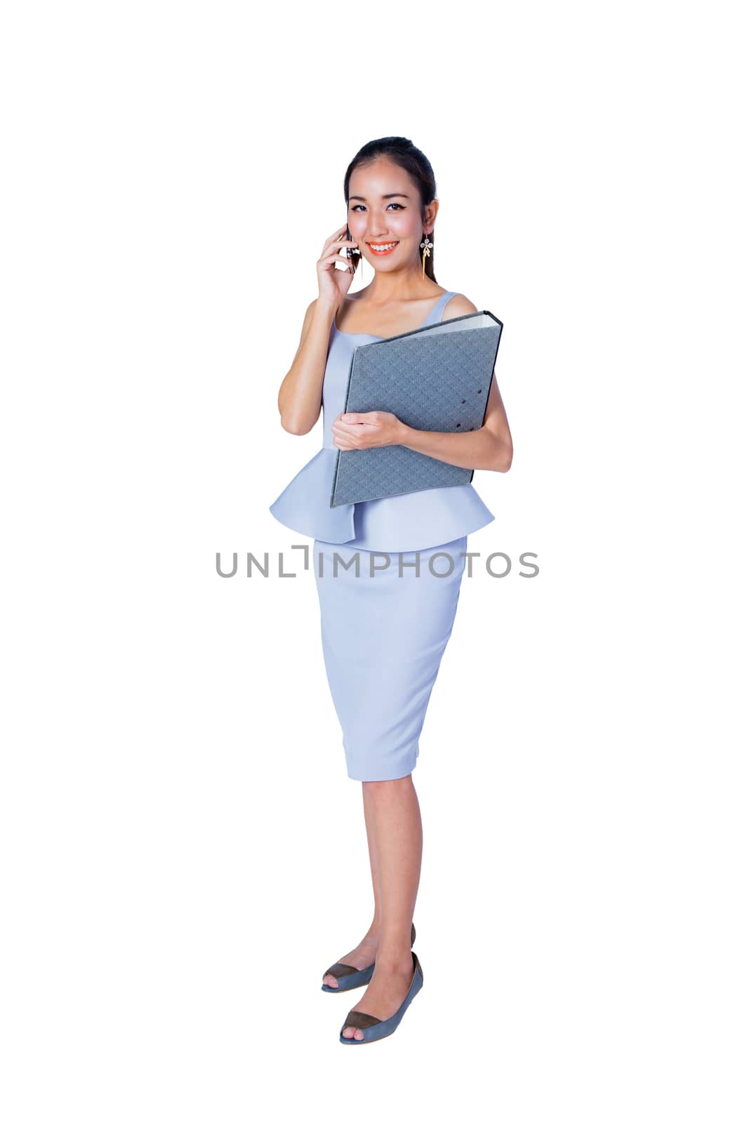 Beautiful young asian business woman hold smart phone and file by nnudoo