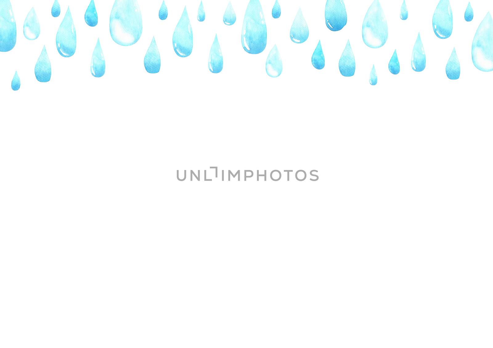 Water drops frame with empty space for your text. Frame made of raindrops, tears. Watercolor hand painting. Shades of blue abstract background. by Ungamrung