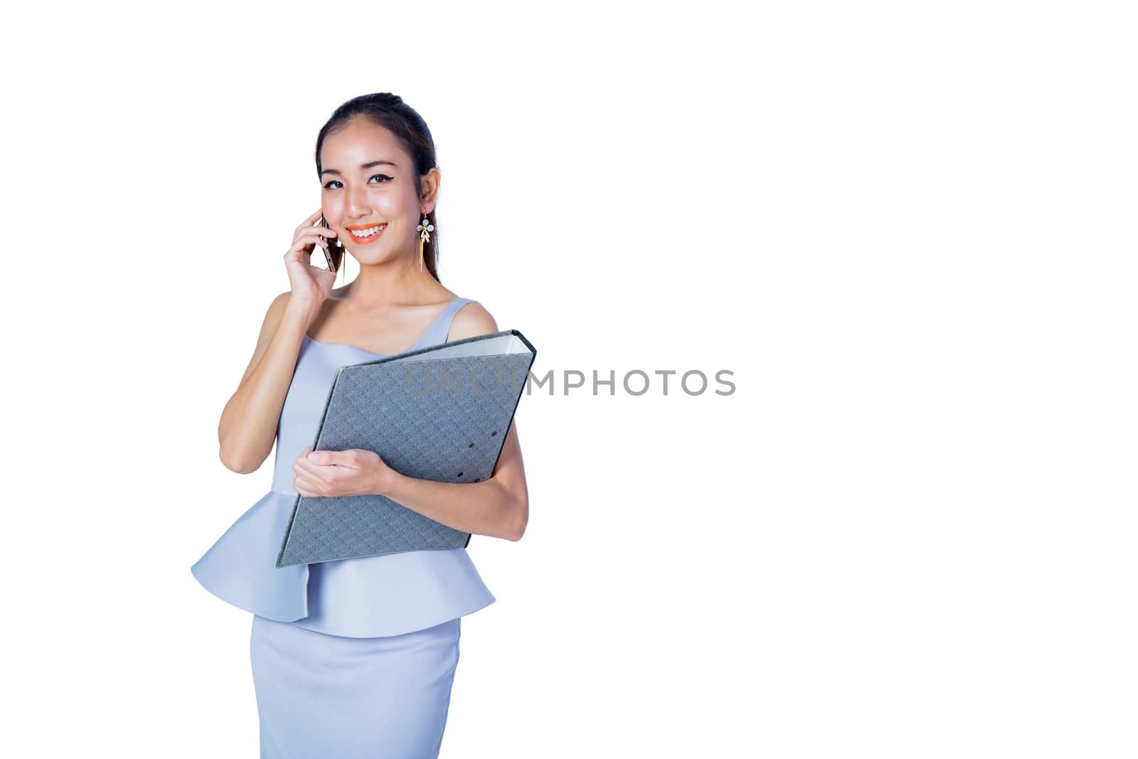Beautiful young asian woman hold a smart phone and file document