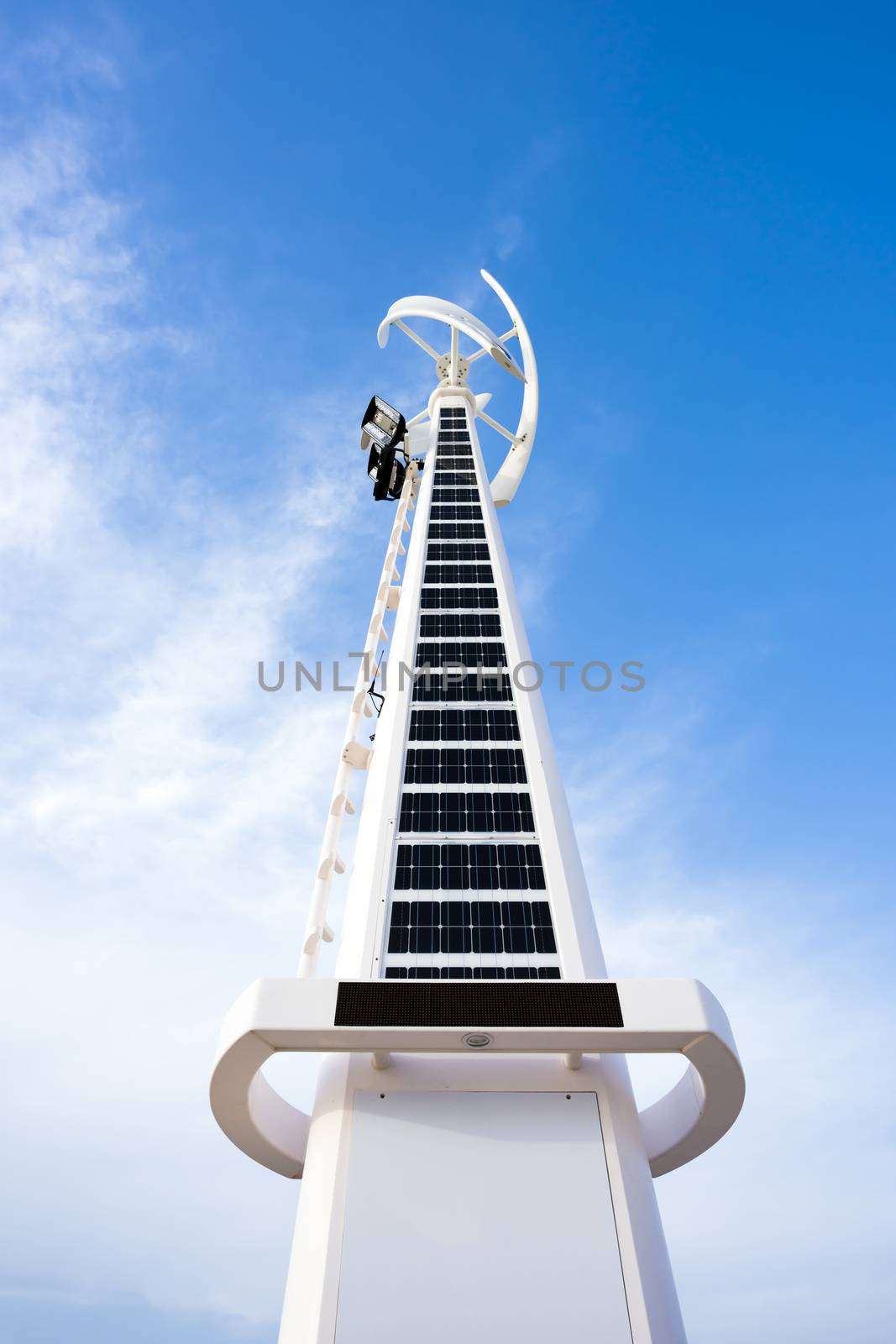 Solar and wind turbine hybrid systems installed at Dubai open beach Jumeirah, United Arab Emirates