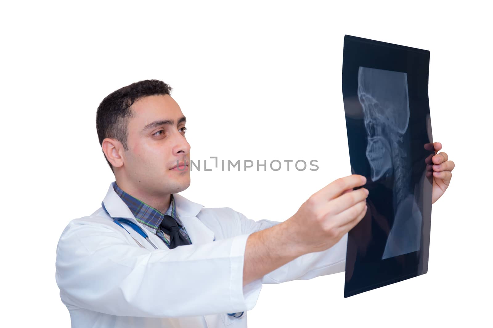 healthcare with roentgen - people and medicine concept - male doctor in white coat looking at x-ray isolated on white background
