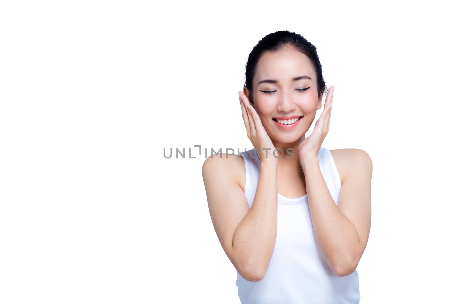 Beauty model woman with hands on cheeks looking at camera with a smile expression in a beauty and skincare concept. Perfect skin with makeup. Portrait isolated on white with copy space