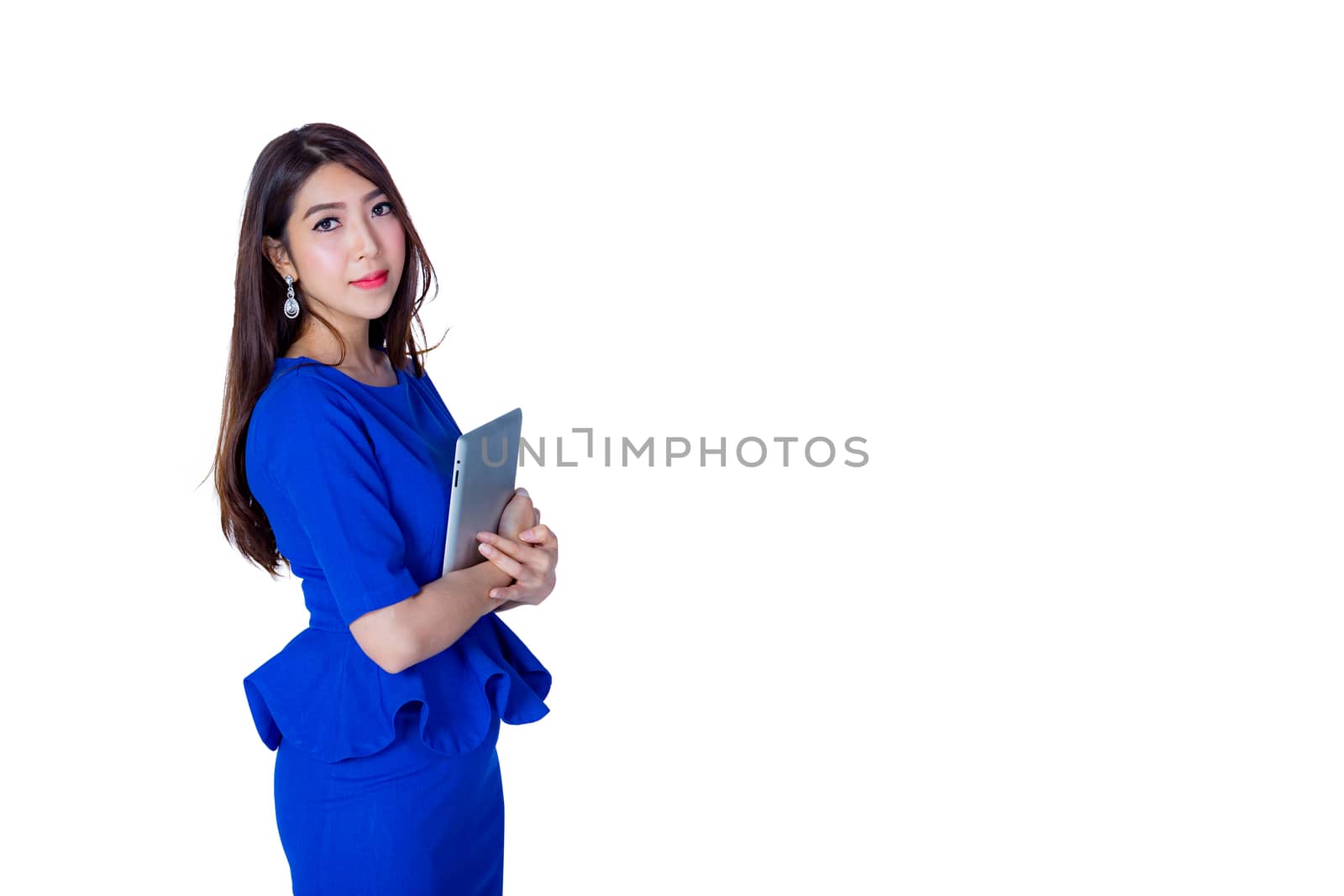 Portrait of smiling business woman phone talking , isolated on w by nnudoo