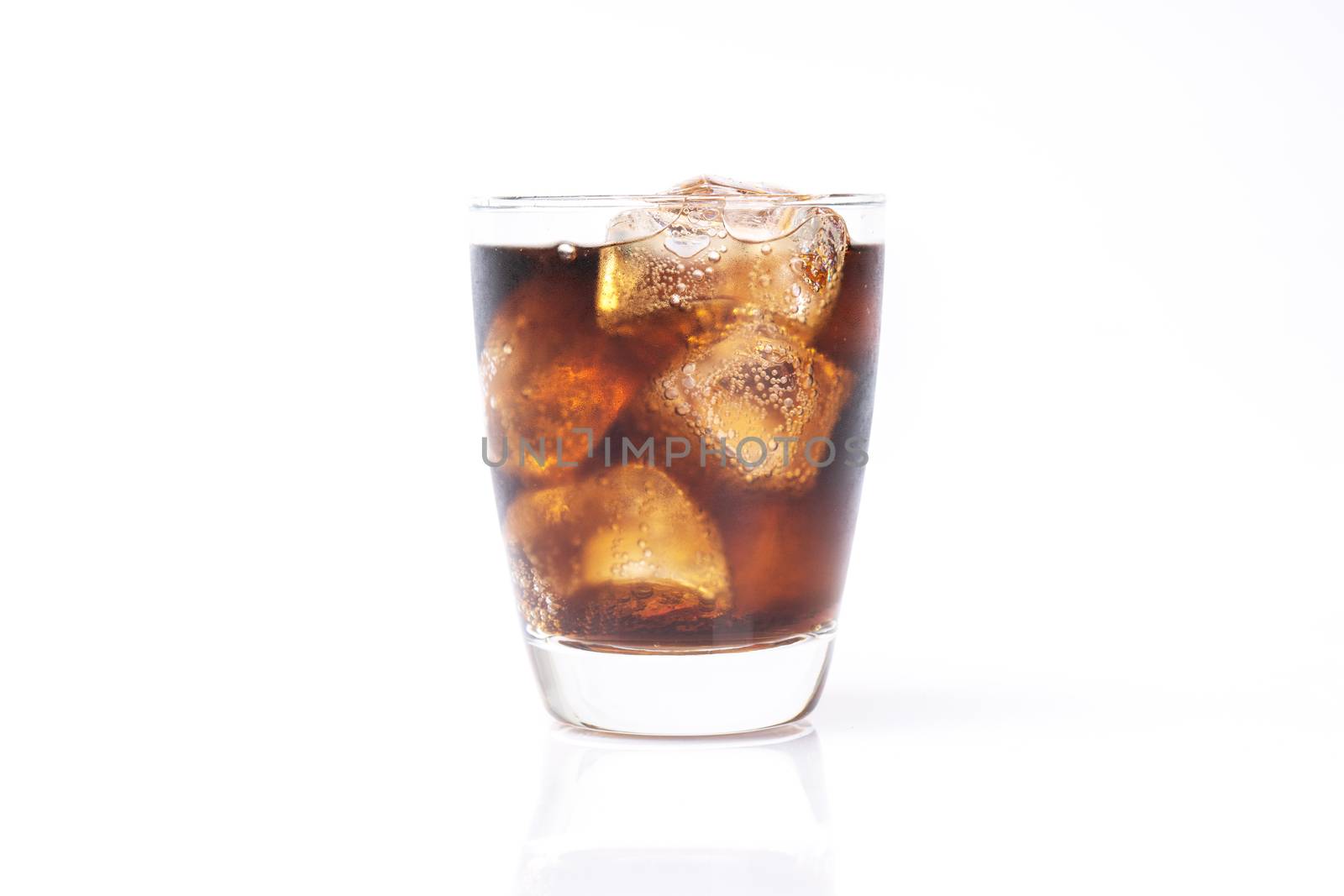 Cold drinking, soda with ice, glass of cola for hot and summer drink isolated on white background