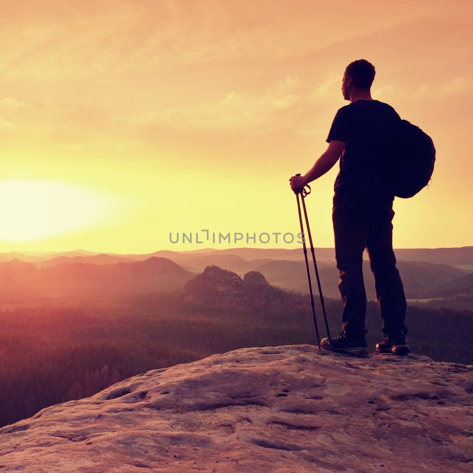 Tall ginger hair hiker in t-shirt and dark trekking trousers on cliff. Man with tourist poles in hand and sporty backpack above valley. Sunny misty moment in rocky mountains. 