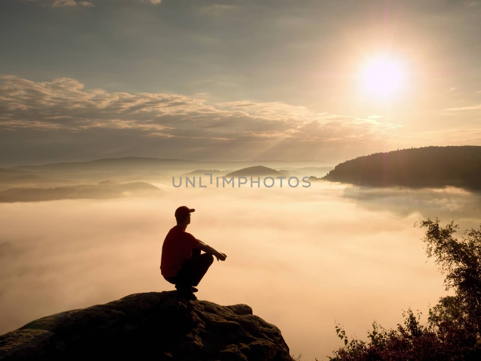 Man tourist  sit on rock empire. View point with heather and branches  above misty valley by rdonar2