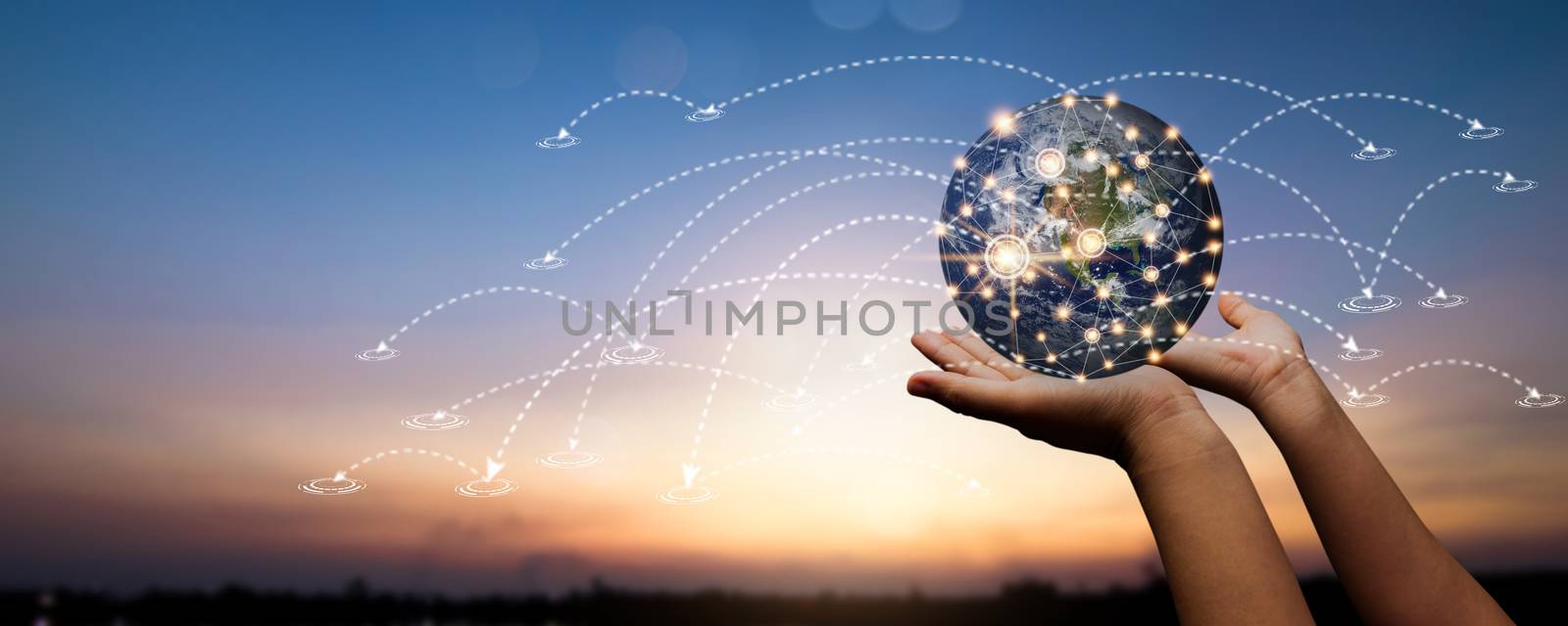 global social network and connection internet on abstract data worldwide cyberspace concept, close up hand holding wireless networking earth connect with people by 5G technology line online on sunset