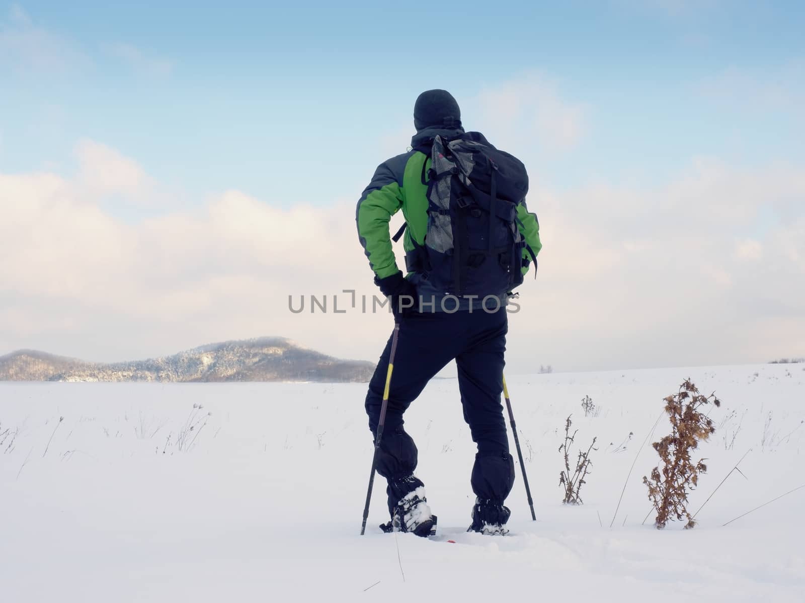 Man with snowshoes walk in snowy filed. Hiker in green gray winter jacket and black trekking trousers snowshoeing in powder snow. Cloudy winter day, gentle wind brings small snow flakes 