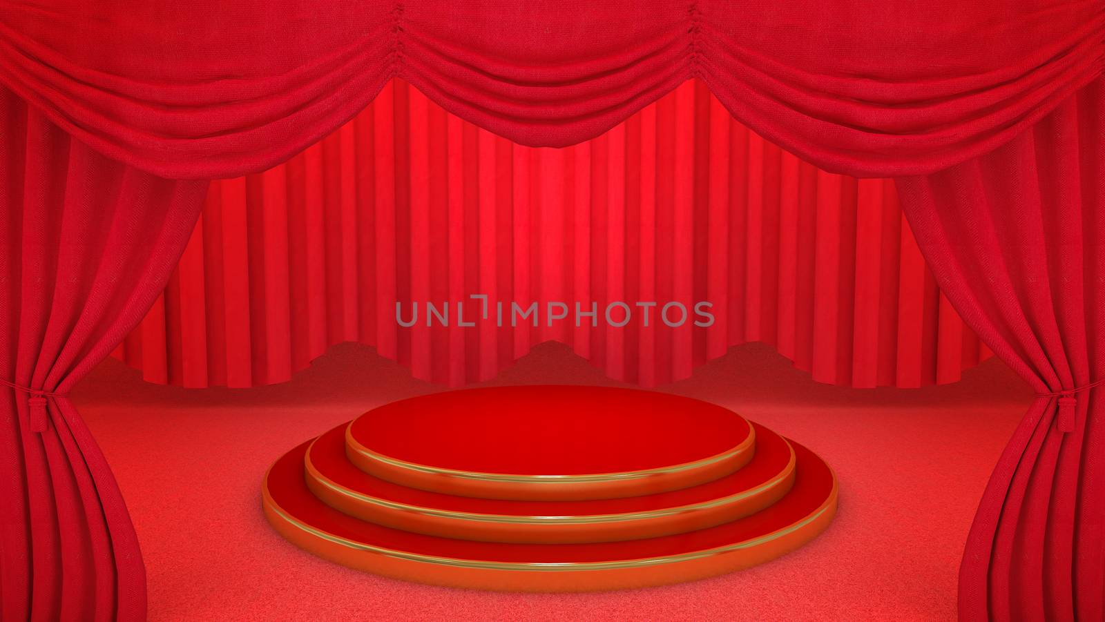 Red and gold Stage on red theatre curtain background., 3D rendering.