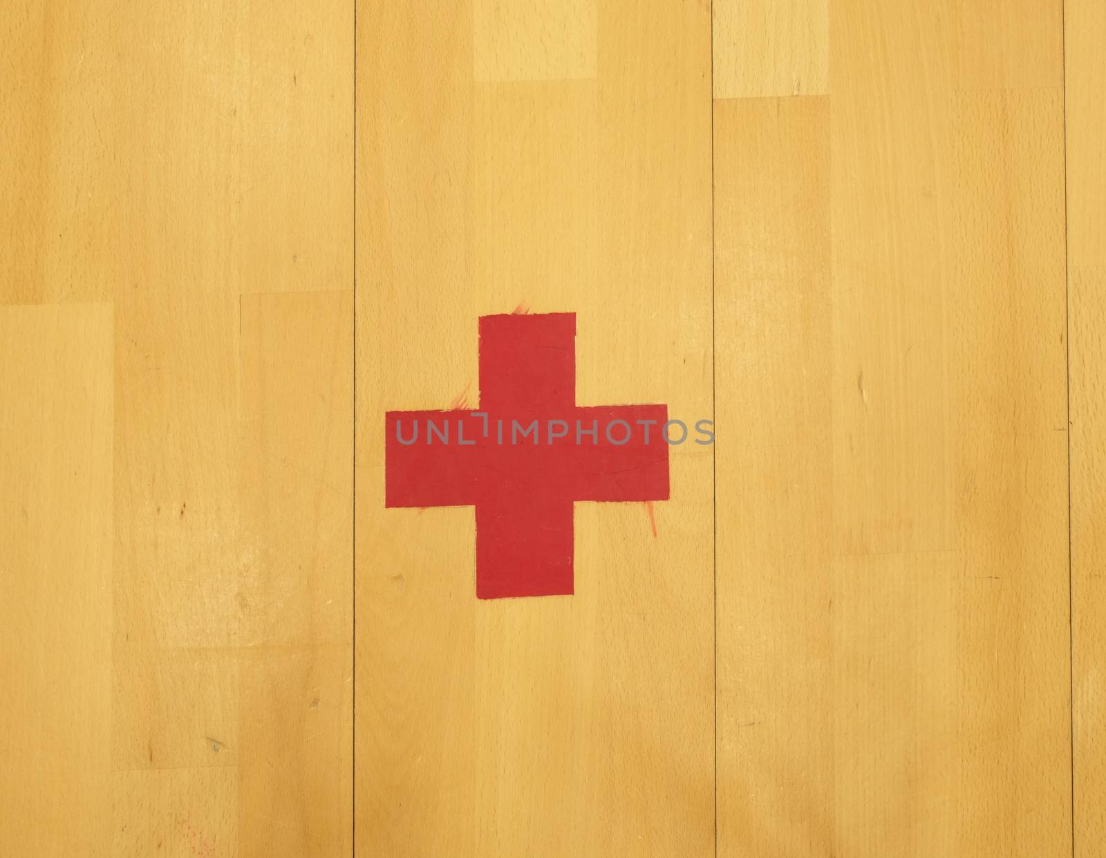 Red cross, playground corner. Worn out wooden floor  by rdonar2