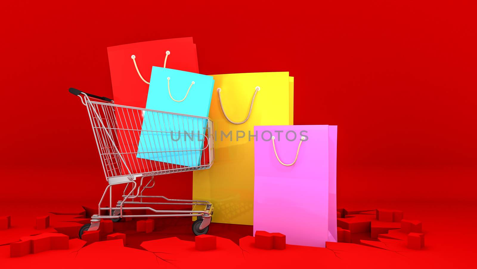 Colourful paper shopping bags on shopping cart with on crack red ground. Shopping concept, 3D rendering. by anotestocker