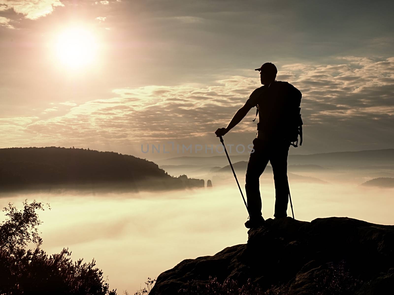 Man hiker with trekking poles and backpack on rock. Old heather bushes grows in rock, misty spring day. Vintage effect