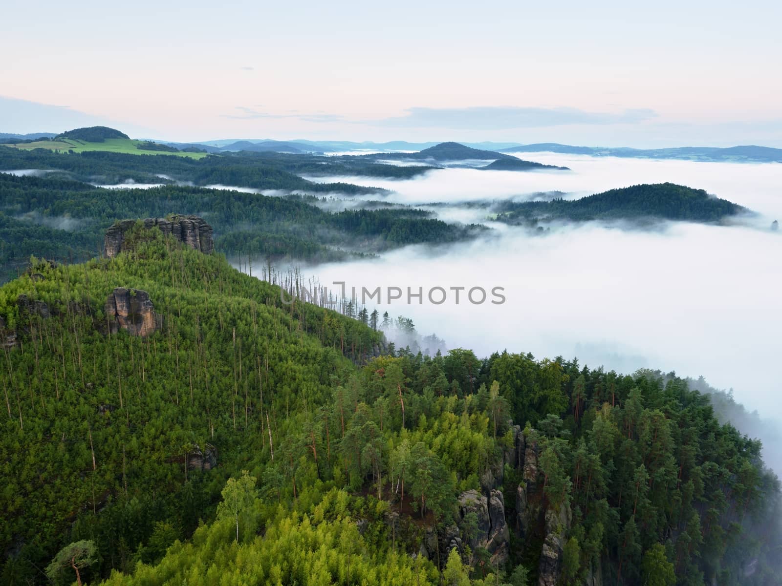 Magnificent heavy mist in landscape. Autumn creamy fog in countryside. Hill increased from fog, the fog is colored to gold and blue