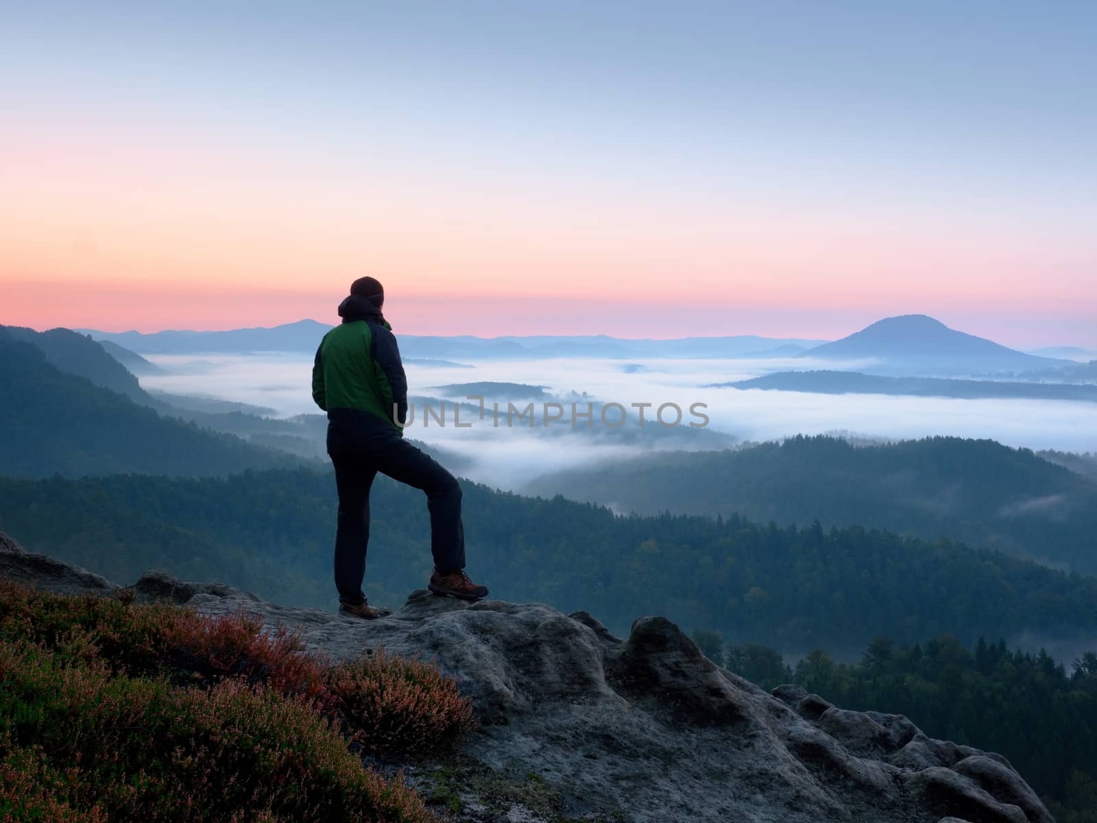 Hiker  man on rock watch over creamy mista and foggy morning landscape. by rdonar2