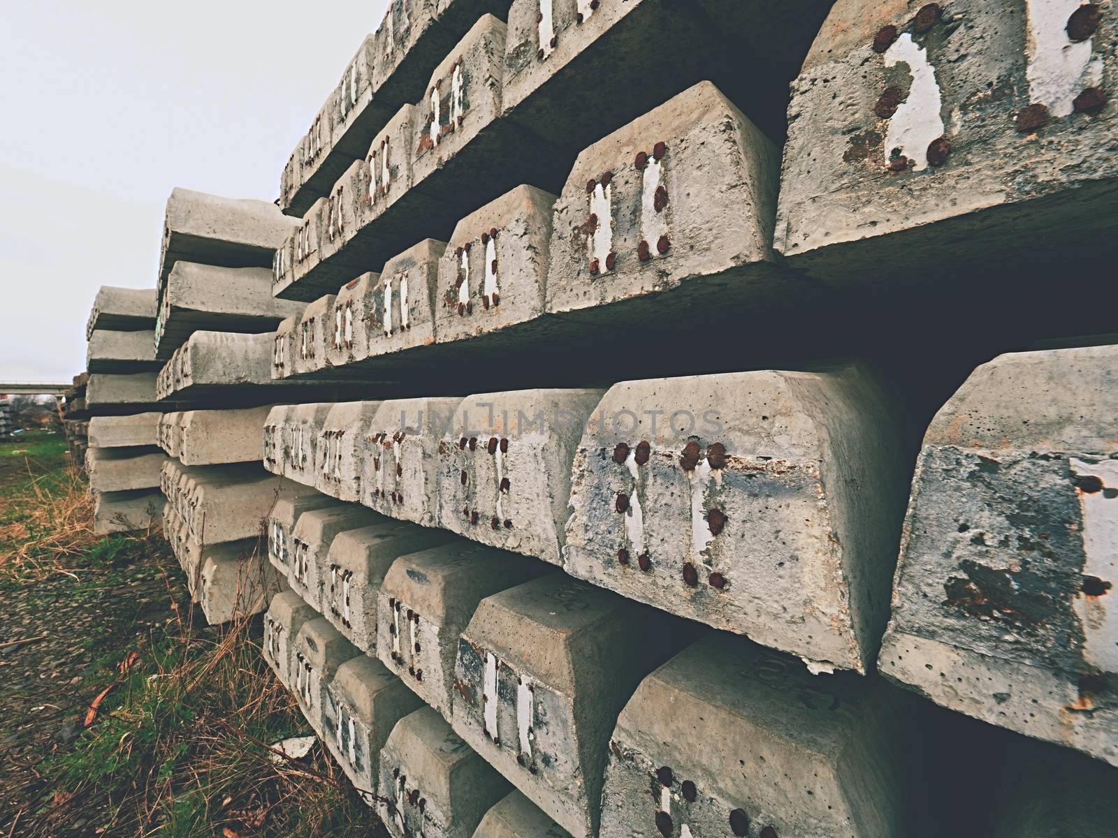 Sleepers production. Concrete casting and assembly.  New concrete railway ties stored for reconstruction of old railway