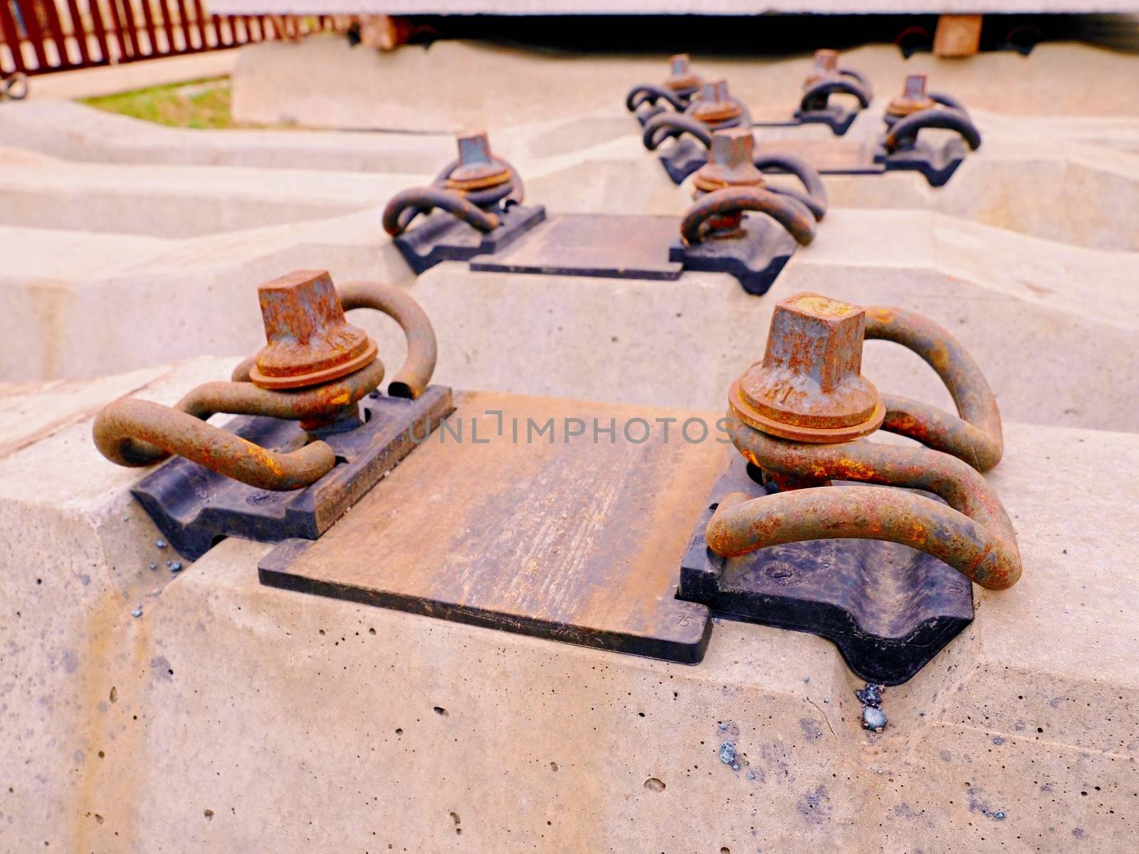 Sleepers production. Concrete casting and assembly.  New concrete railway ties stored for reconstruction of old railway