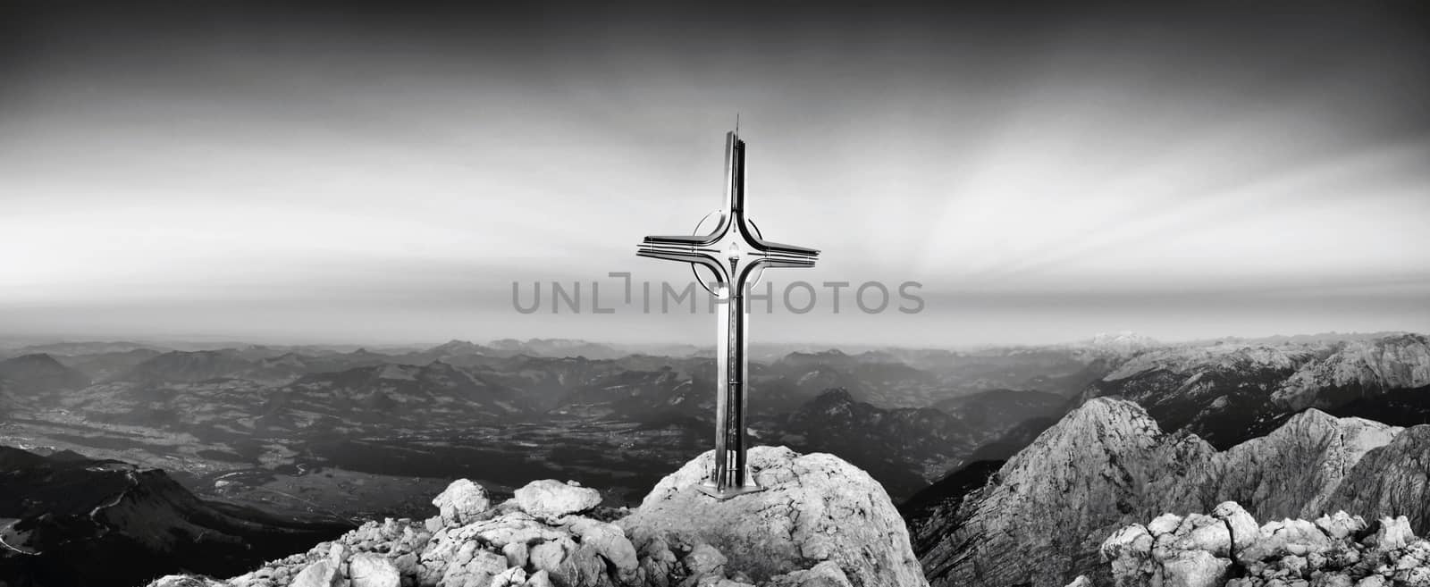 Hoher Goell autumn daybreak panorama. Iron cross at mountain top by rdonar2