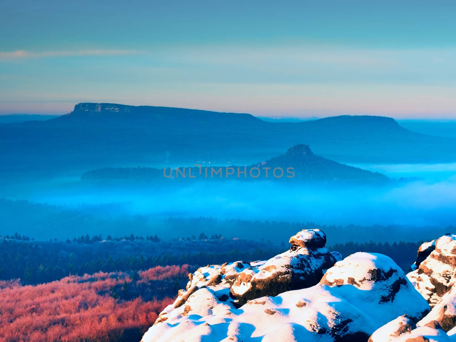 Chilli day in rocks. Rocky peak of sandstone mountain in sunny winter day. Frozen twigs and rock under fresh powder snow. 