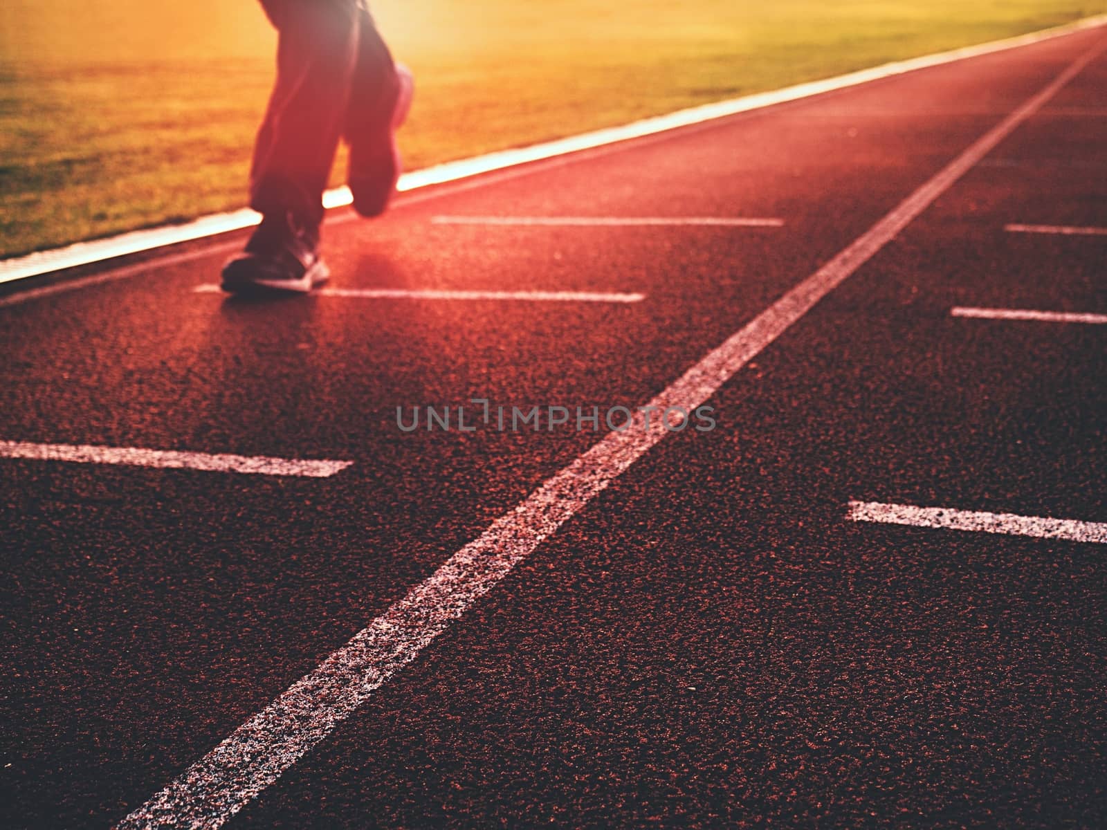 Man legs in running shoes  running on red racetrack on outdoor stadium. Sun rays and body shadow.  Sport and healthy lifestyle concept training workout