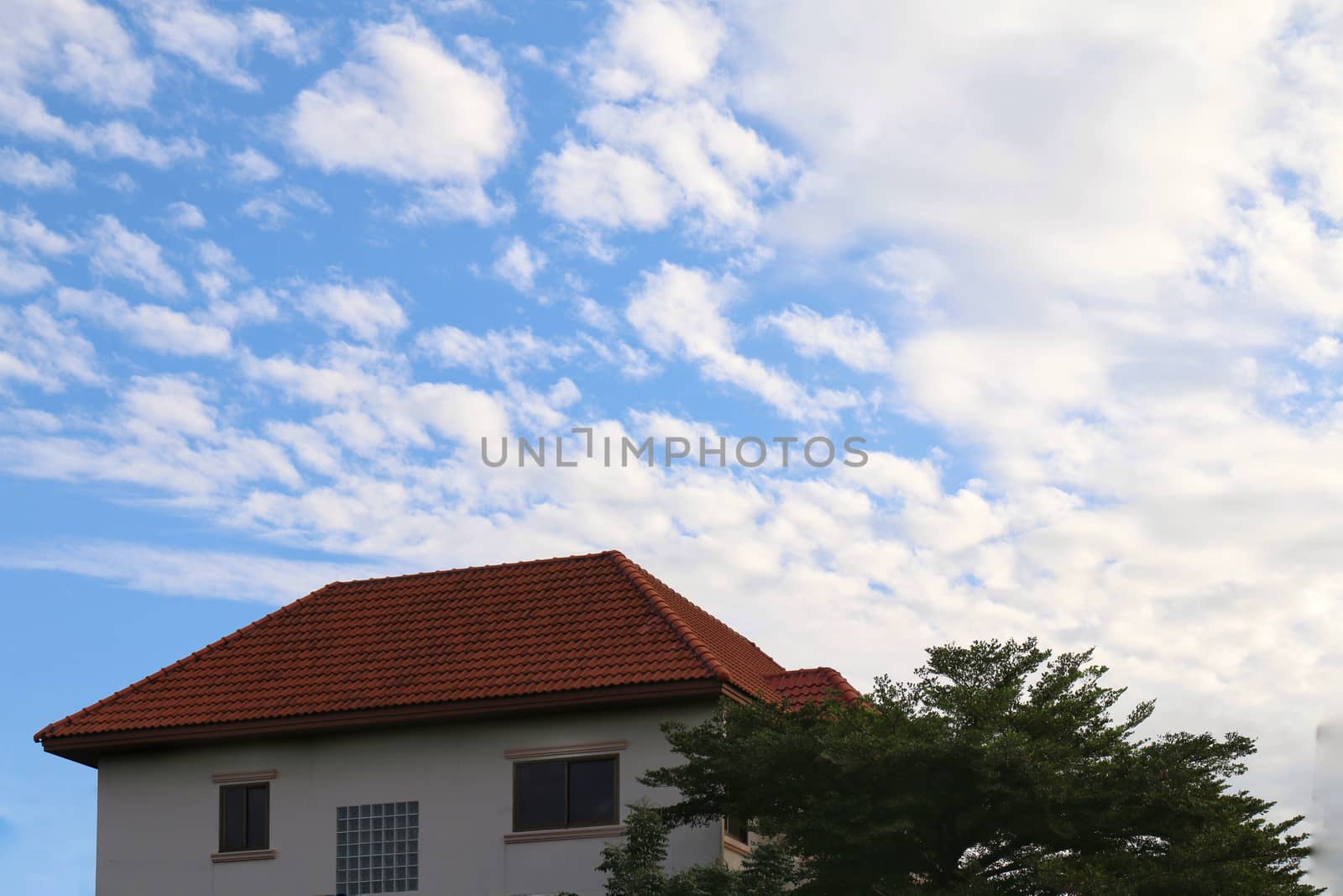 Background sky with houses on the bottom of the image picture big, home roof and tree, landscape property village on blue sky by cgdeaw
