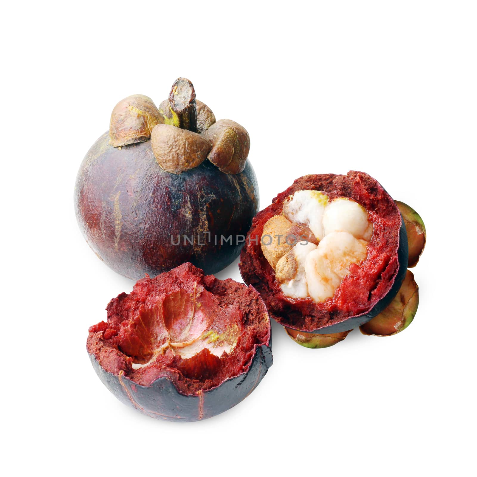 mangosteen fruit rotten close up, mangosteen rot and cut peel half on white background, ripe mangosteen fruit, waste from rot of mangosteen fruit by cgdeaw