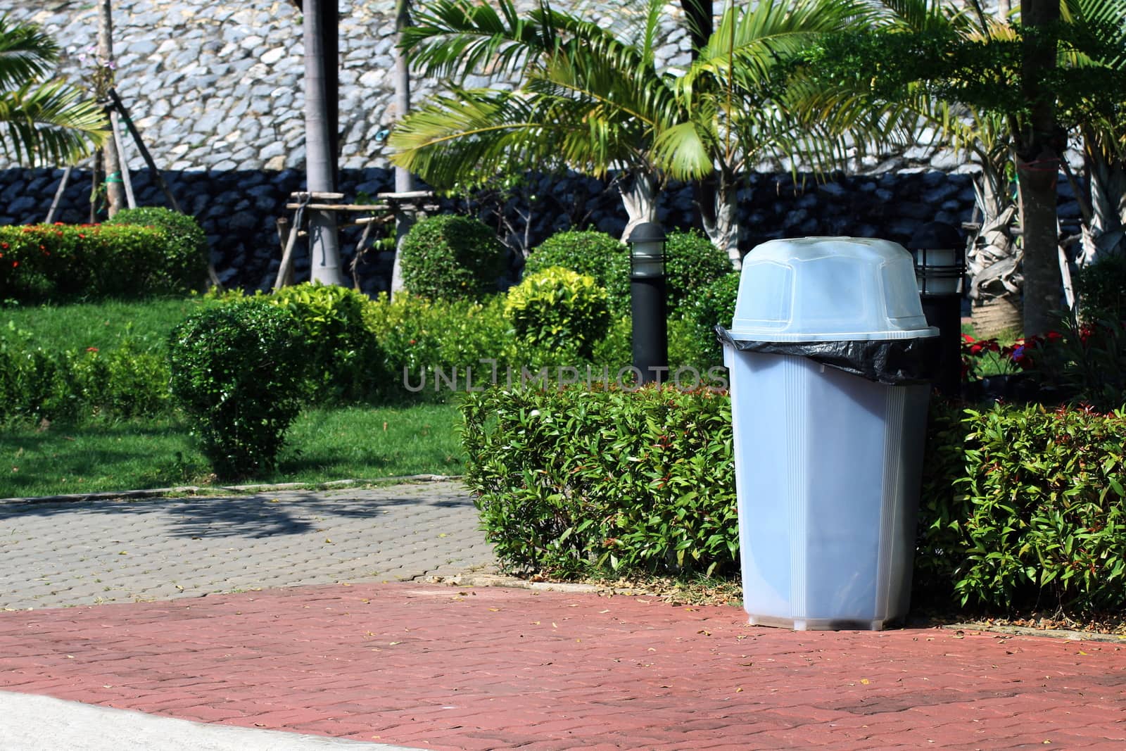 bin, plastic waste bin clear trash sideways walk at garden public, waste plastic garbage bin on floor garden by cgdeaw