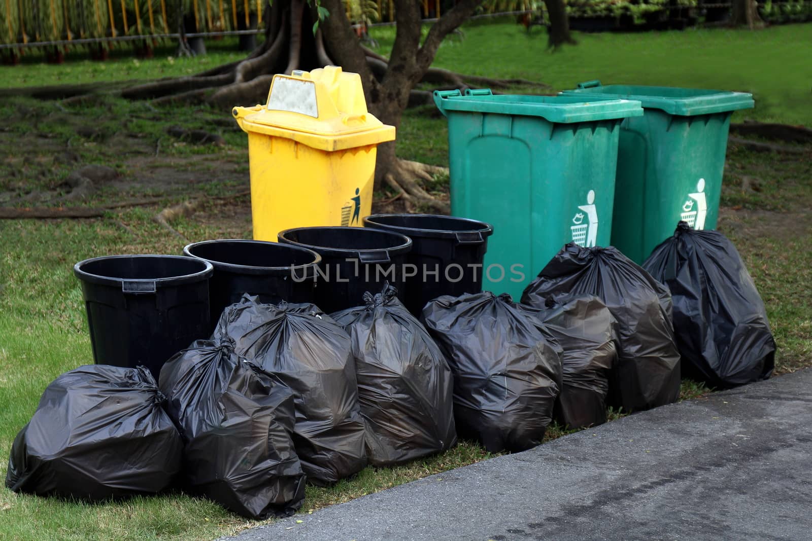 bin waste plastic, garbage in black bag and bin, pile of bin trash junk dirt and garbage bag many in garden public park, recycle bin waste by cgdeaw