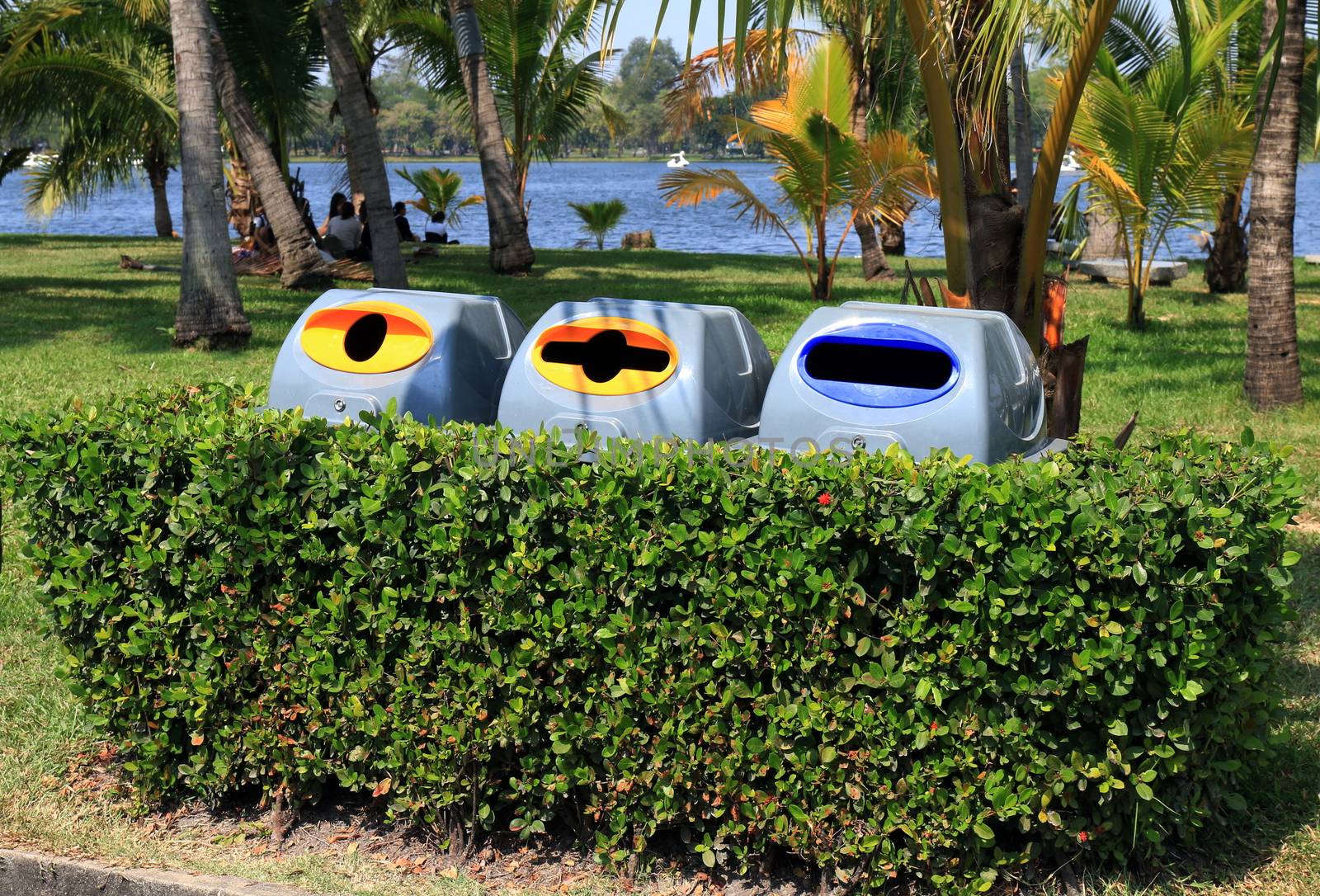 Bin, garbage bin plastic, Plastic waste bin 3 types of waste for recycle in tree wall at garden public by cgdeaw