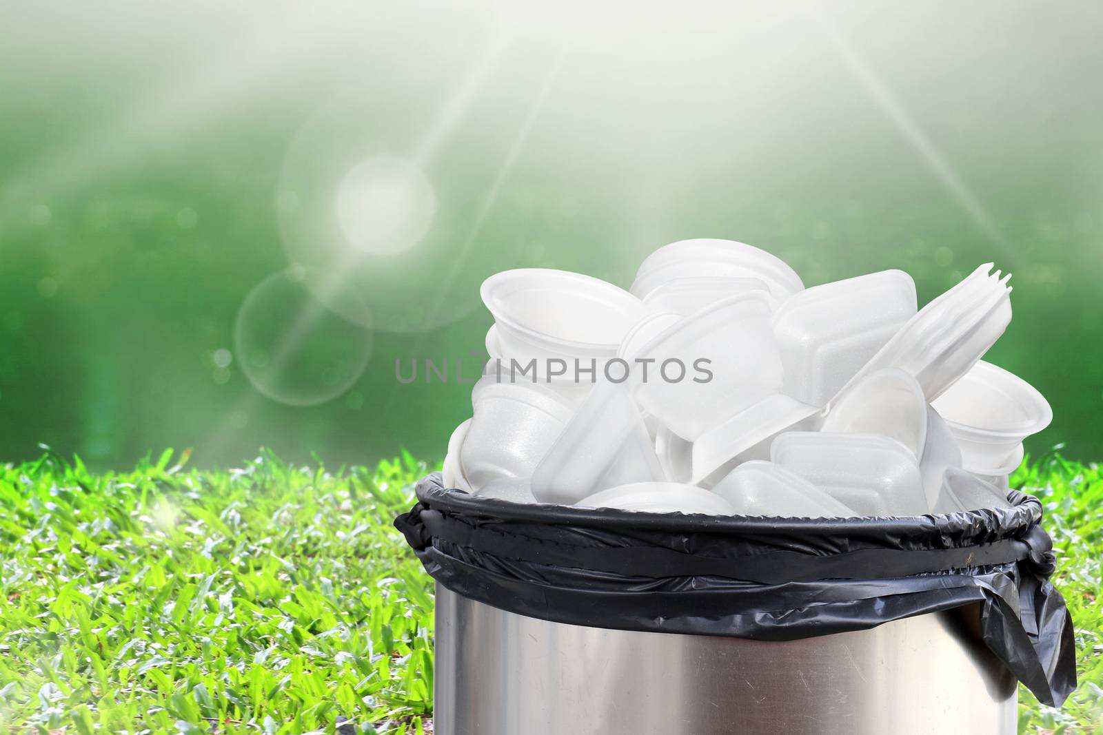 bin of waste foam tray on nature background, waste garbage foam food tray white on plastic recycle and bin stainless, lots trash waste plastic foam tray food garbage, garbage is pollution environment