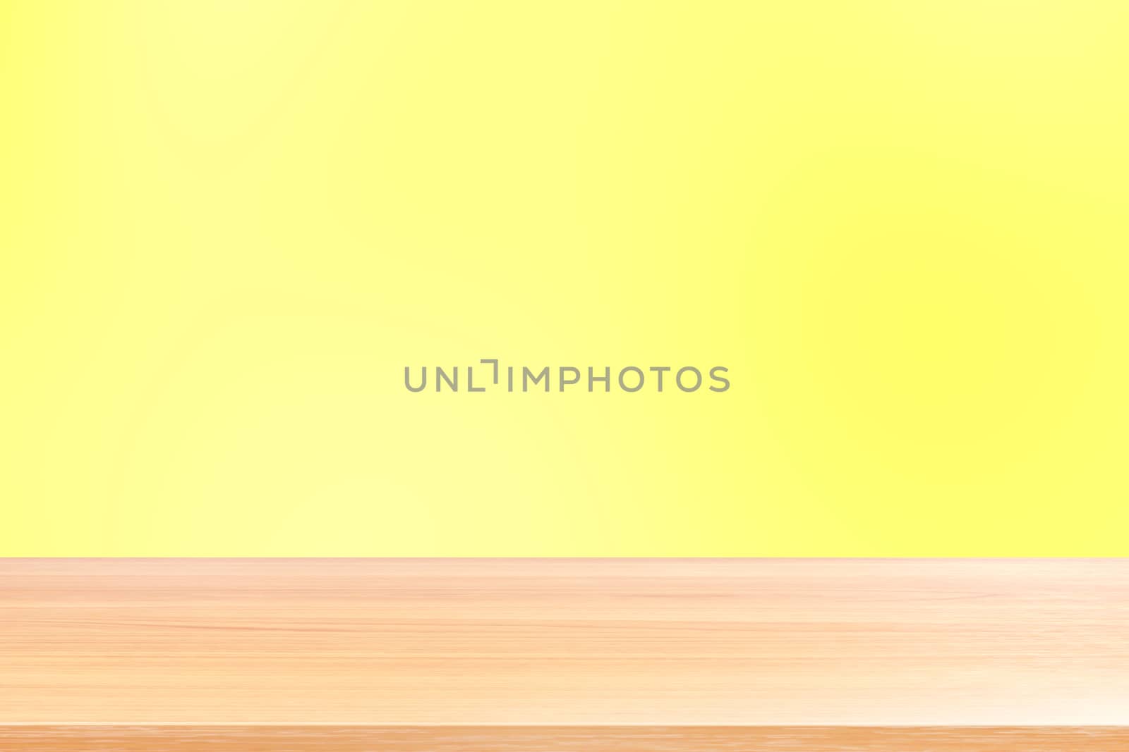 empty wood table floors on gradient yellow soft background, wood table board empty front colorful gradient, wooden plank blank on light yellow gradient for display products or banner advertising by cgdeaw