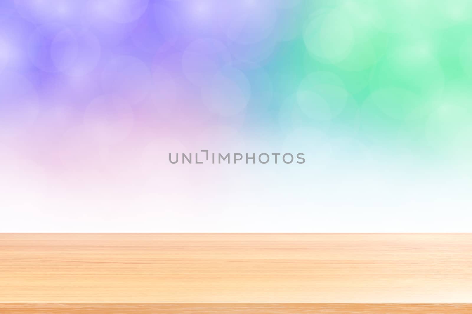 empty wood table floors on blurred bokeh soft purple gradient background, wooden plank empty on purple bokeh colorful light shade, colorful bokeh lights gradient soft for banner advertising products by cgdeaw